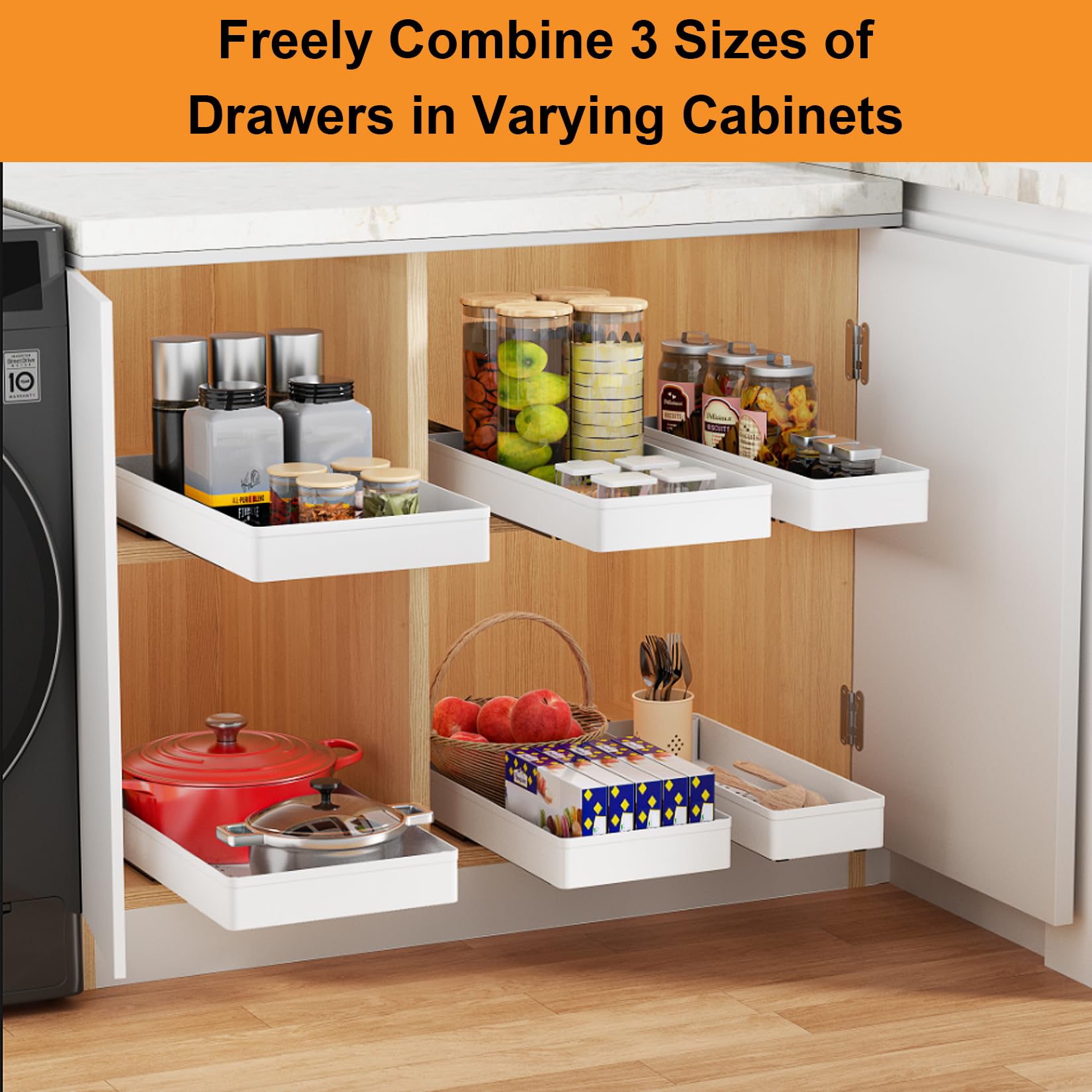 Heavy Duty Pull Out Cabinet Organizer with Adhesive Nano Film - 3PCS Divider Racks for Kitchen Pantry Bathroom Storage (10.6