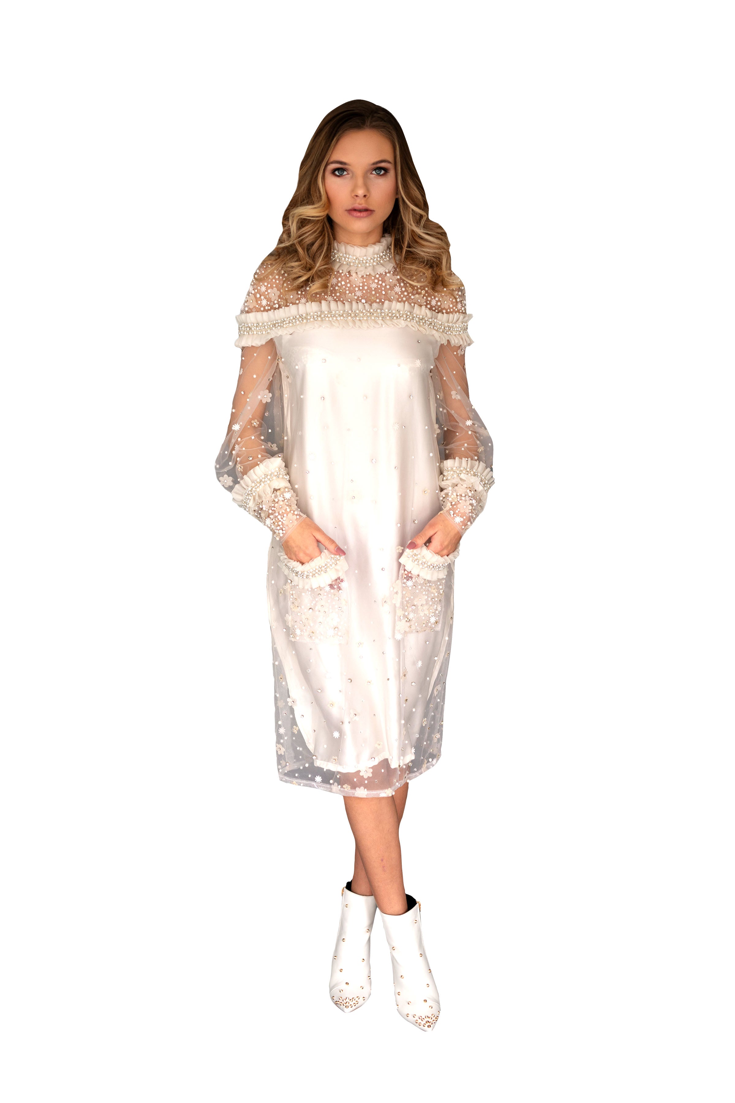 Elegant Ruffle Pearl Embellished Pocket Dress for Women | Vintage Floral Party Gown | Perfect for Weddings, Cocktail Parties & Special Occasions