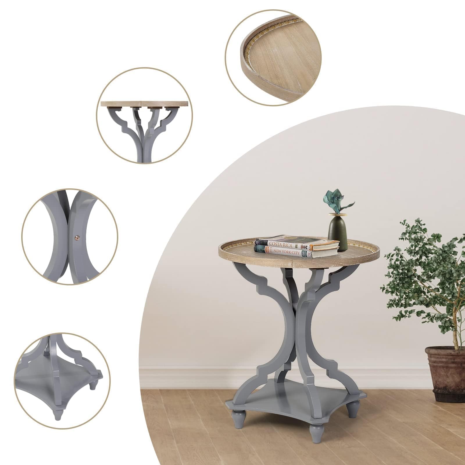 Wnutrees Farmhouse Round Accent End Table - Set of 2 Rustic Wood Side Tables with Tray Top for Living Room, Bedroom & Office - Handcrafted Grey Nightstands for Home Decor