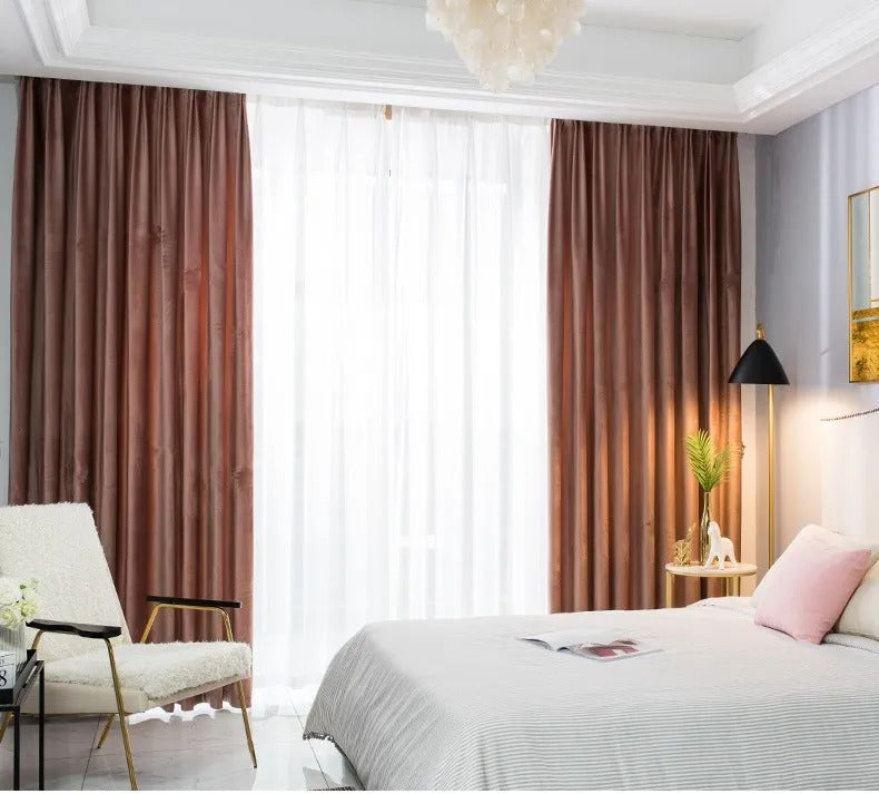 Luxury Plain Dutch Velvet Curtains - Peach Pink Salmon Color - Elegant Window Treatments for Living Room & Bedroom