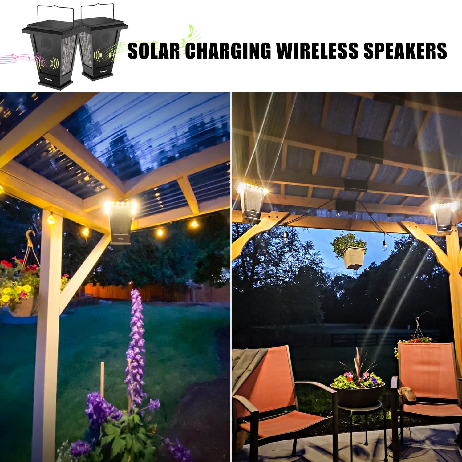 Pohopa 2 Pack Waterproof Bluetooth Speakers with Solar Power, 20W True Wireless Stereo Sound, Dual Pairing, 20 LED Lights & Rich Bass - Perfect for Outdoor Camping, Beach Parties, and Indoor Decor (Black)