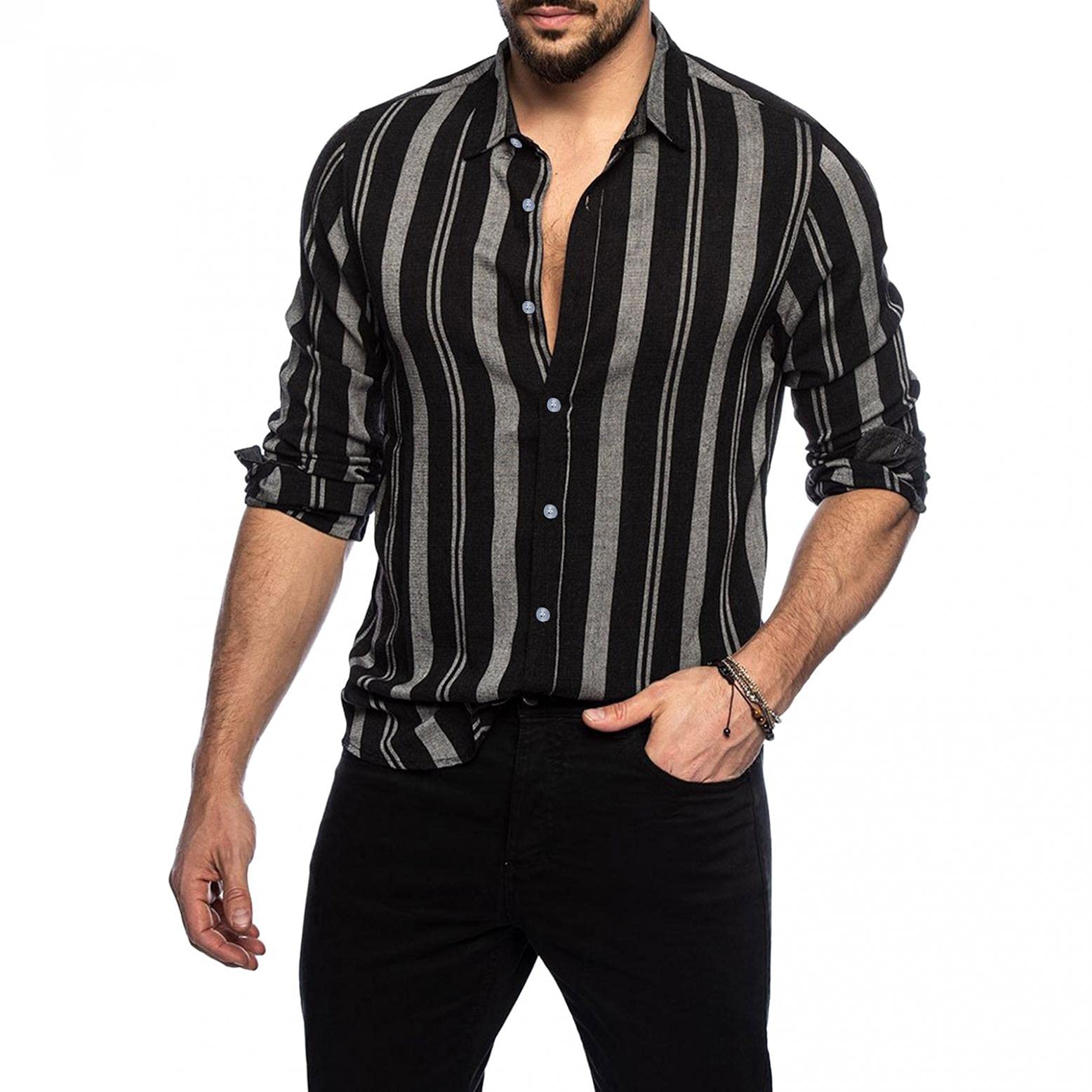 Men's Slim Fit Vertical Striped Button Down Dress Shirt - Long Sleeve Stretch Oxford Business Casual Shirt for Office, Meetings & Formal Events