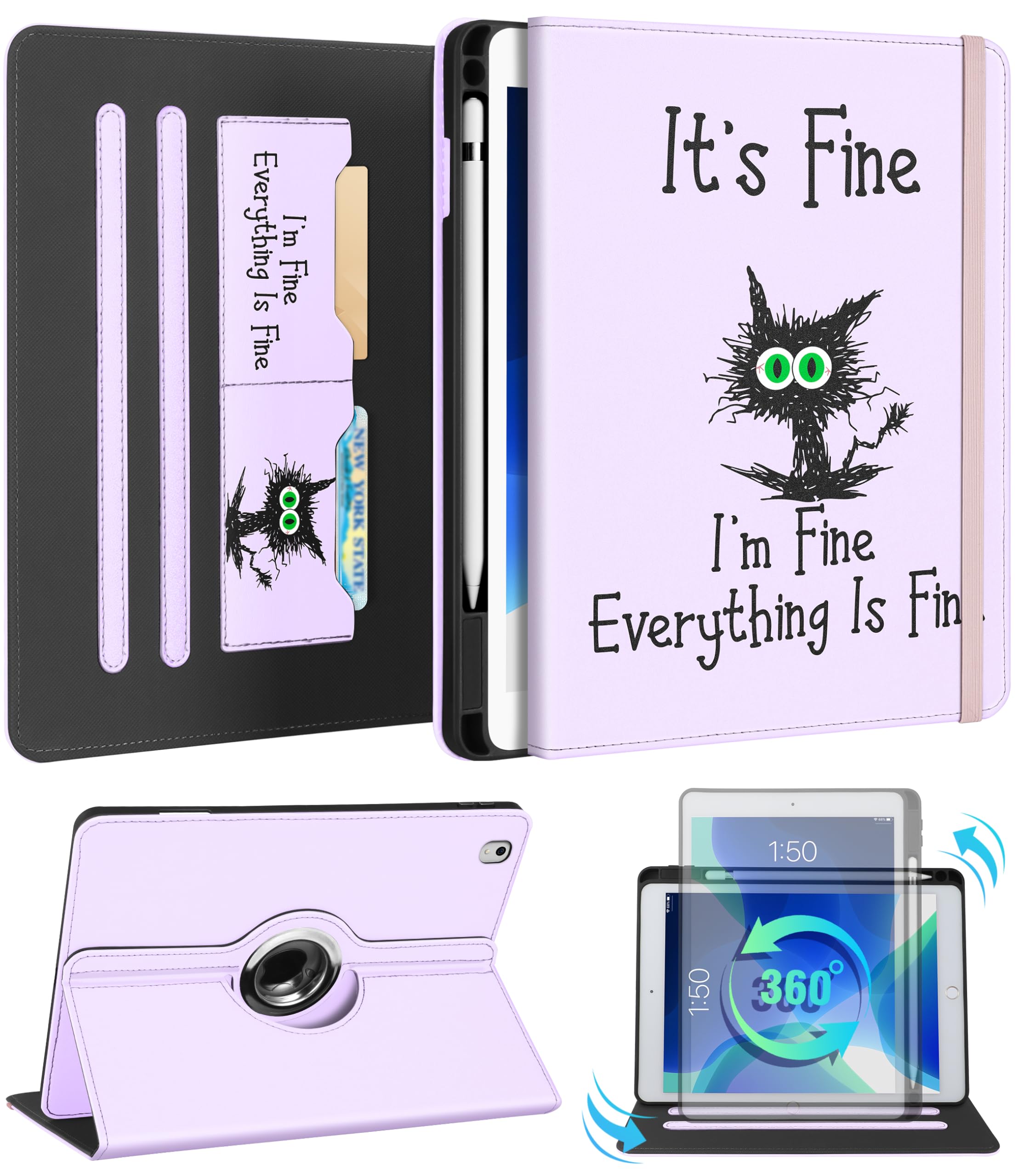 Cute Rotating Stand Folio Cover Case for iPad Air 3rd Gen & iPad Pro 10.5 Inch - Kawaii Cat Design with Pencil Holder & Card Slot | Perfect for Women, Girls & Kids | Study, Work & Travel Protection