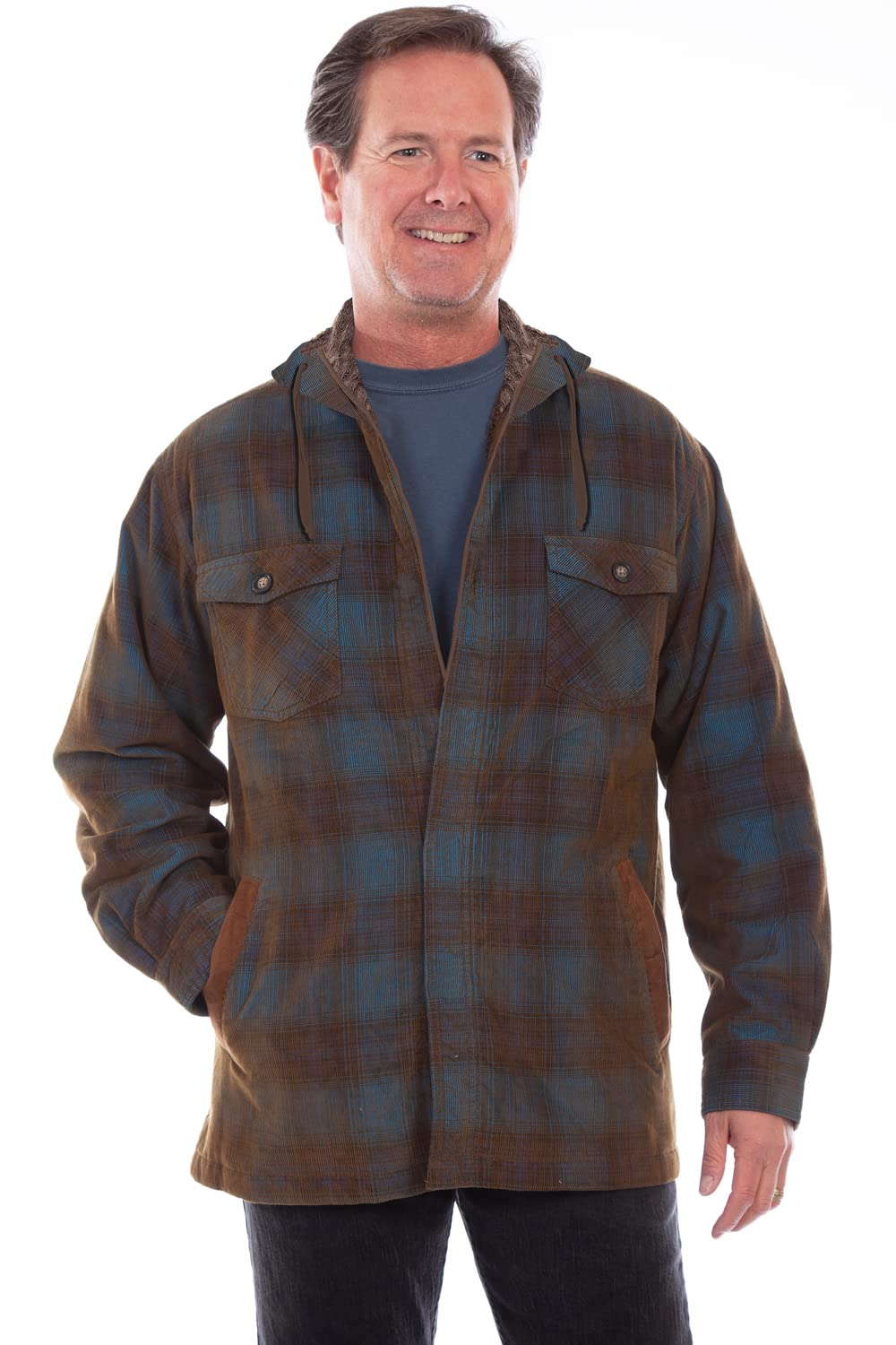 Scully Men's Blue & Brown 100% Cotton Sherpa Lined Corduroy Hoodie - Warm Winter Pullover for Casual Outdoors & Cozy Indoor Wear
