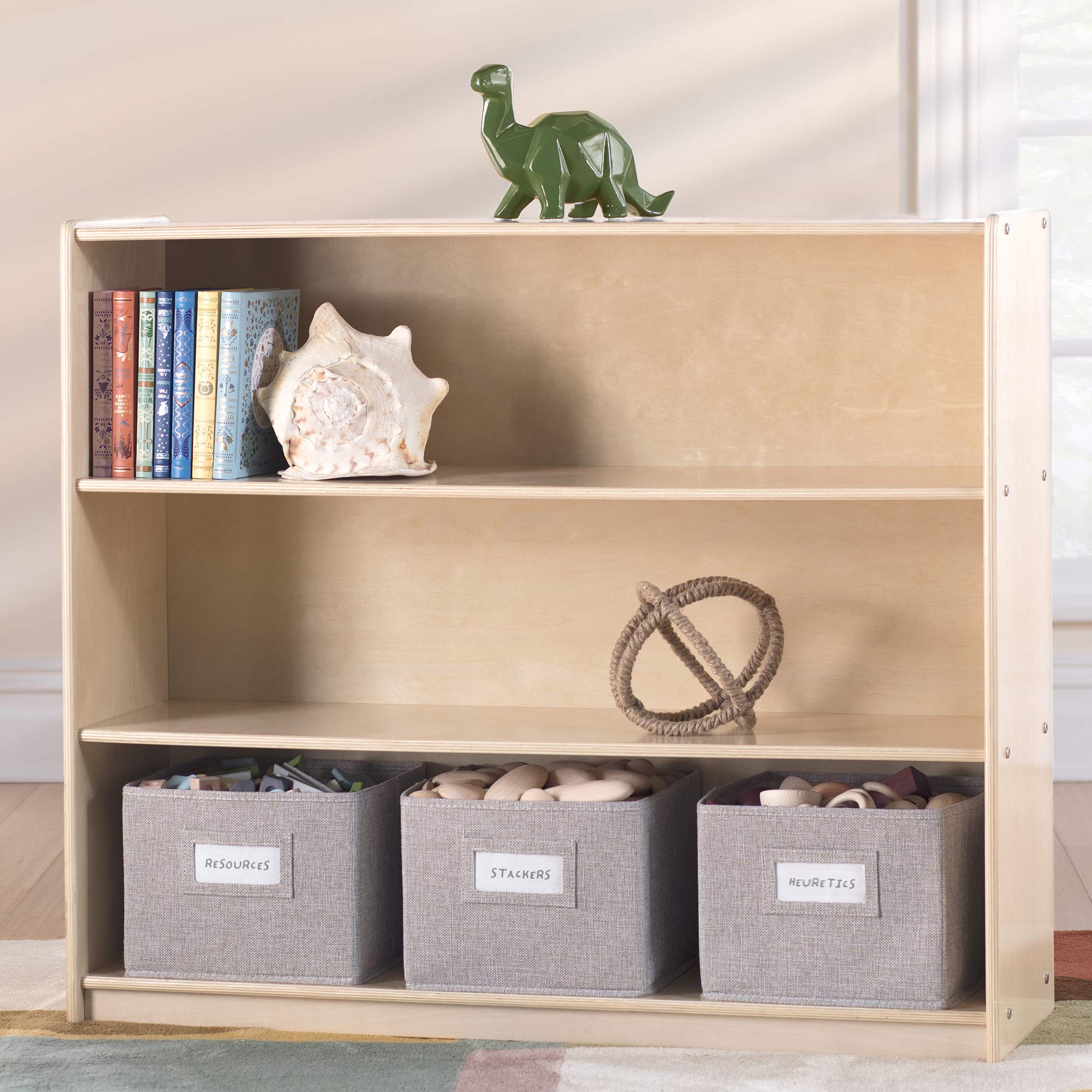 Guidecraft EdQ Essentials 3-Shelf Open Storage Unit with 3 Fabric Bins - Natural Wood Kids Bookcase & Toy Organizer for Homeschool, Classroom, Playroom & Bedroom Storage Solutions