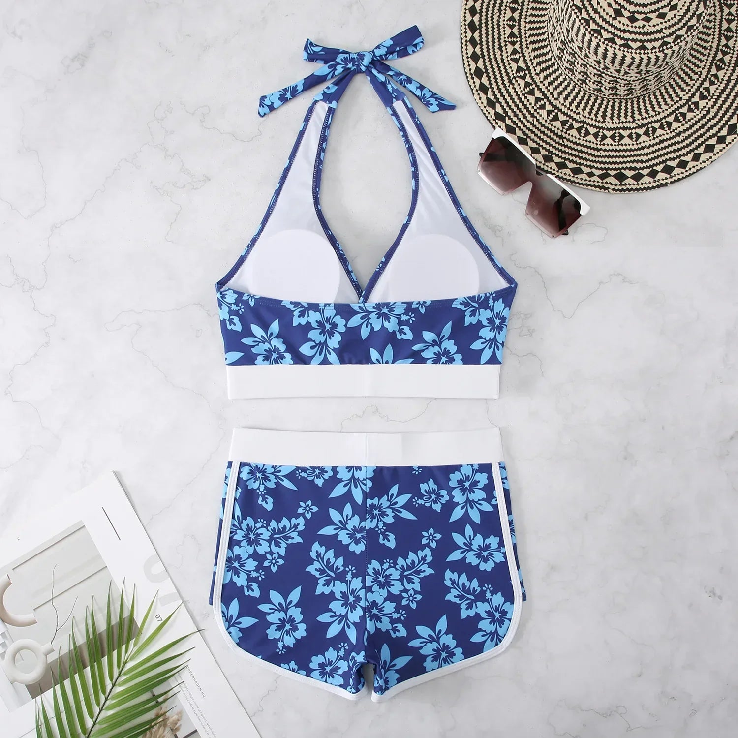 Women's Sexy High Waist V-Neck 2 Piece Tankini Bikini Set with Flower Print & Suspender Halter - Perfect for Summer Beach Vacations, Pool Parties, and Tropical Getaways