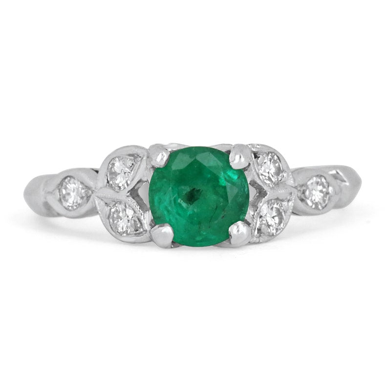 0.96 TCW 14K Gold Colombian Emerald & Round Cut Diamond Floral Ring for Women - Elegant Wedding, Engagement, Anniversary Gift Idea
