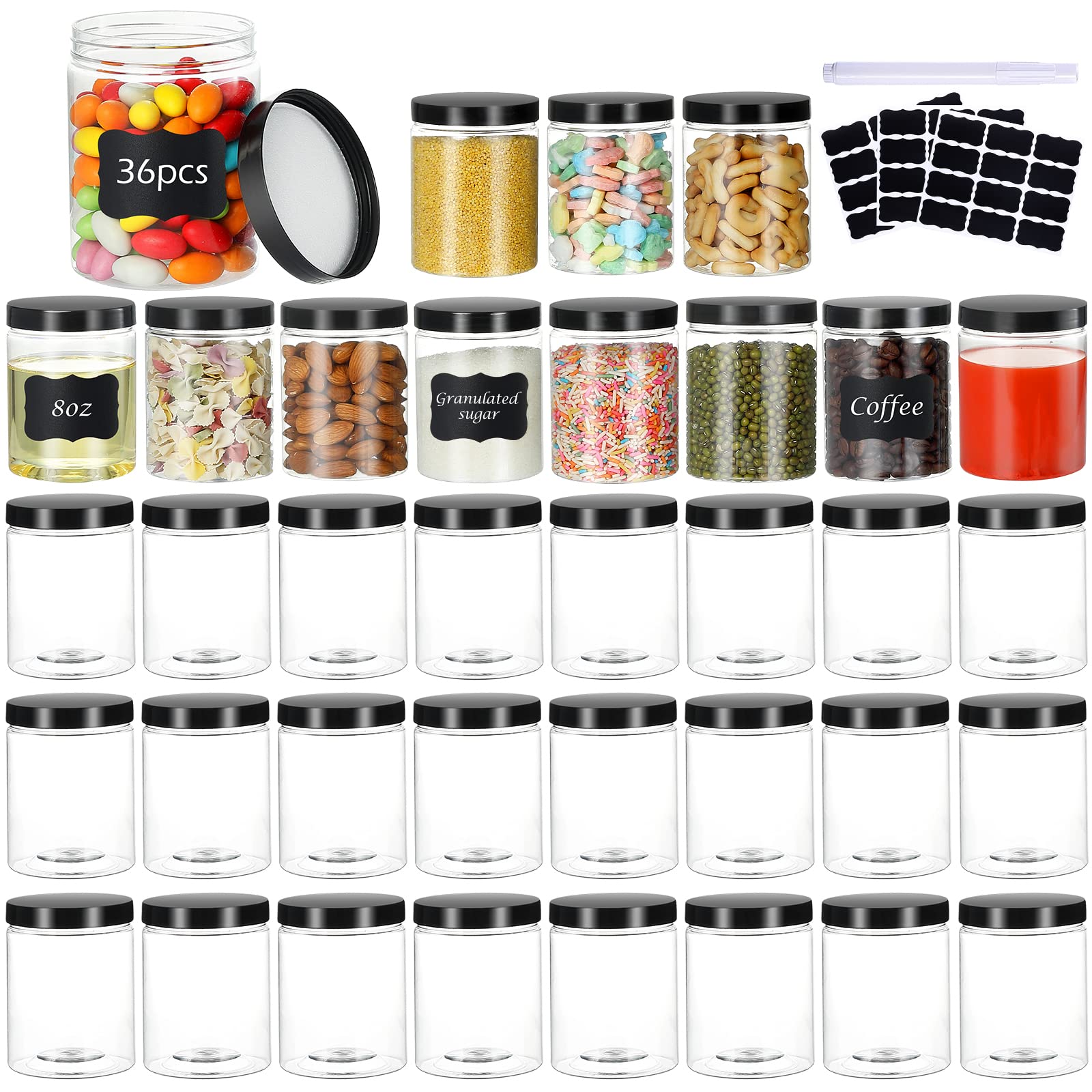 36Pcs 8oz Empty Plastic Jars with Screw-On Lids - Refillable Round Containers for Slime, Cosmetics & Food Storage - Includes Pen & Labels - Wide-Mouth Design for Easy Use - Perfect for DIY Crafts, Bath & Body Products, Kitchen Spices & Household Organization