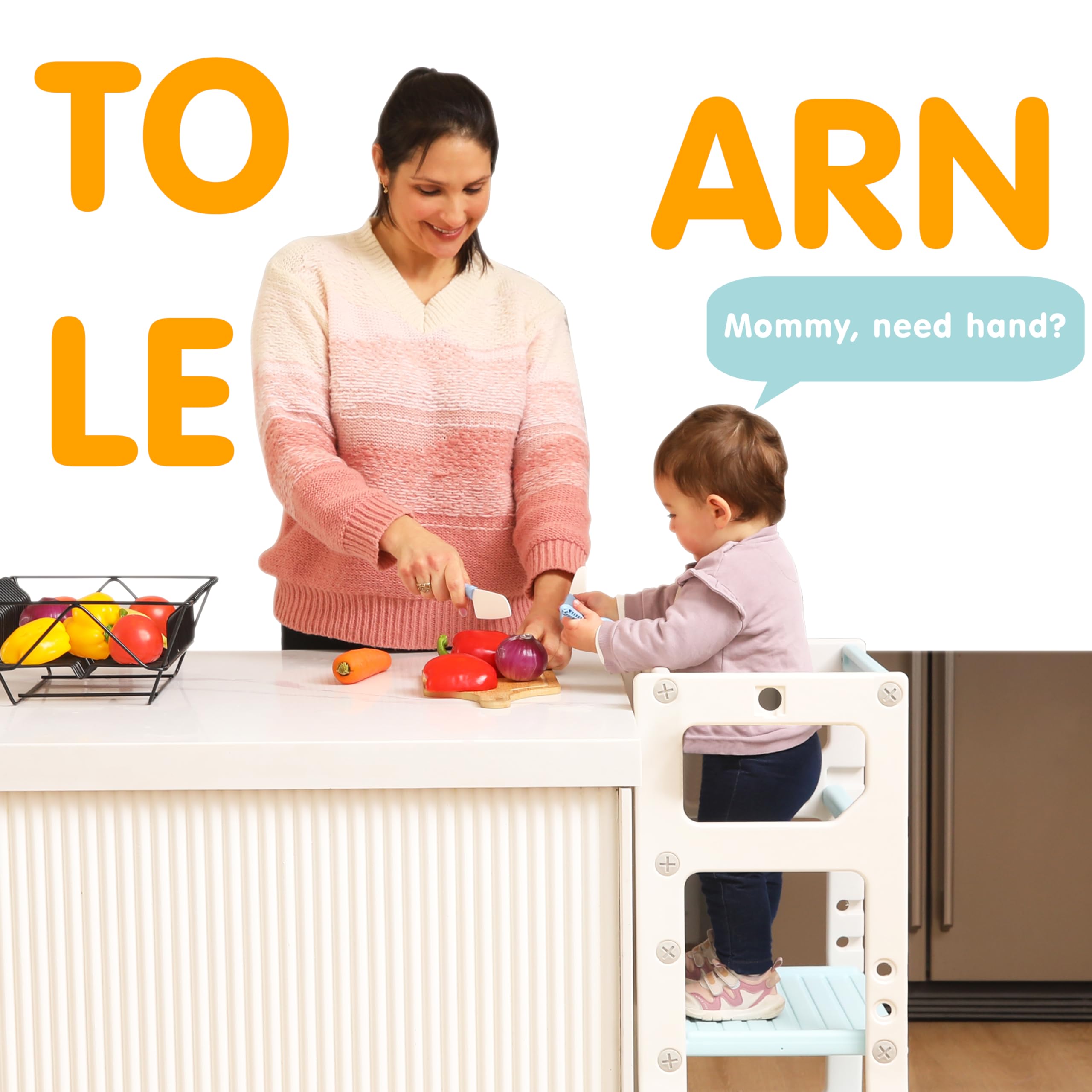 SDADI Adjustable Height Plastic Step Stool for Kids - Safe Kitchen & Bathroom Learning Stool for Toddlers & Children (Beige/Blue) - Perfect for Cooking, Washing Hands & Reaching Countertops