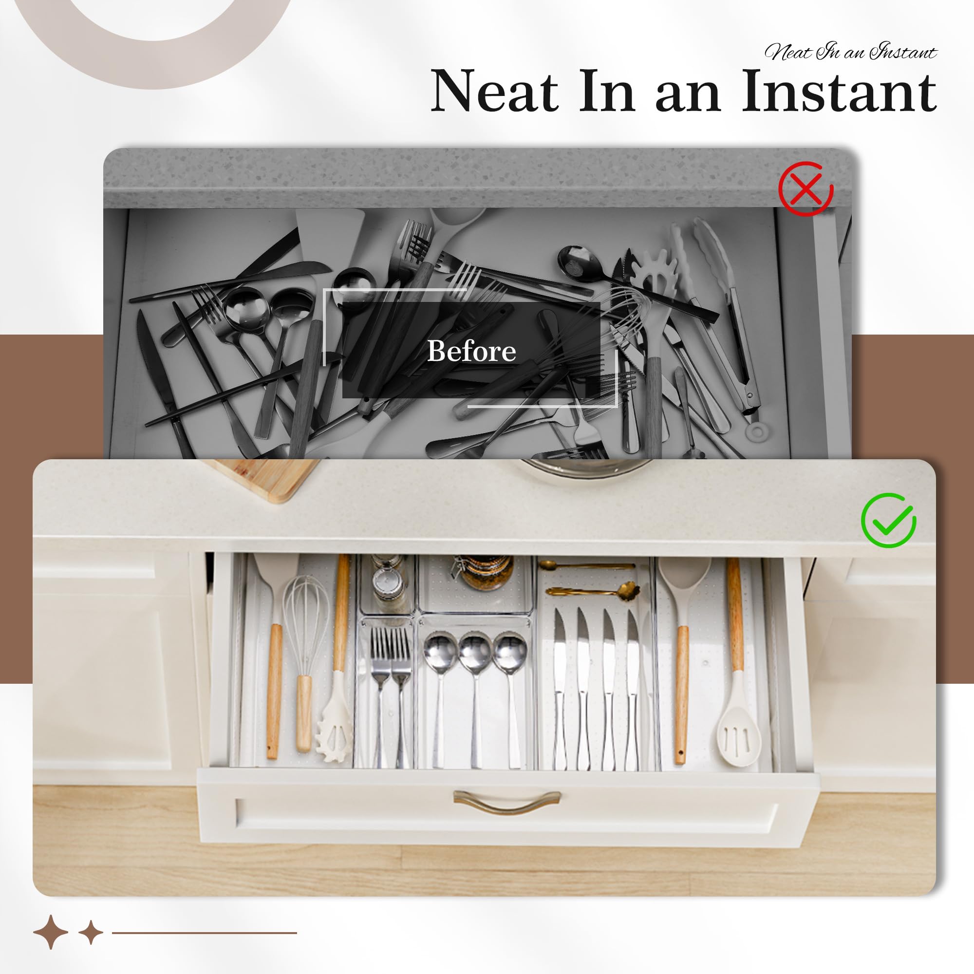 Criusia 14-Piece Clear Plastic Drawer Organizer Set - 5 Large Versatile Storage Trays for Kitchen, Bathroom, Makeup, Utensils, Tools & Office | Non-Slip Drawer Bins for Home Organization & Decluttering