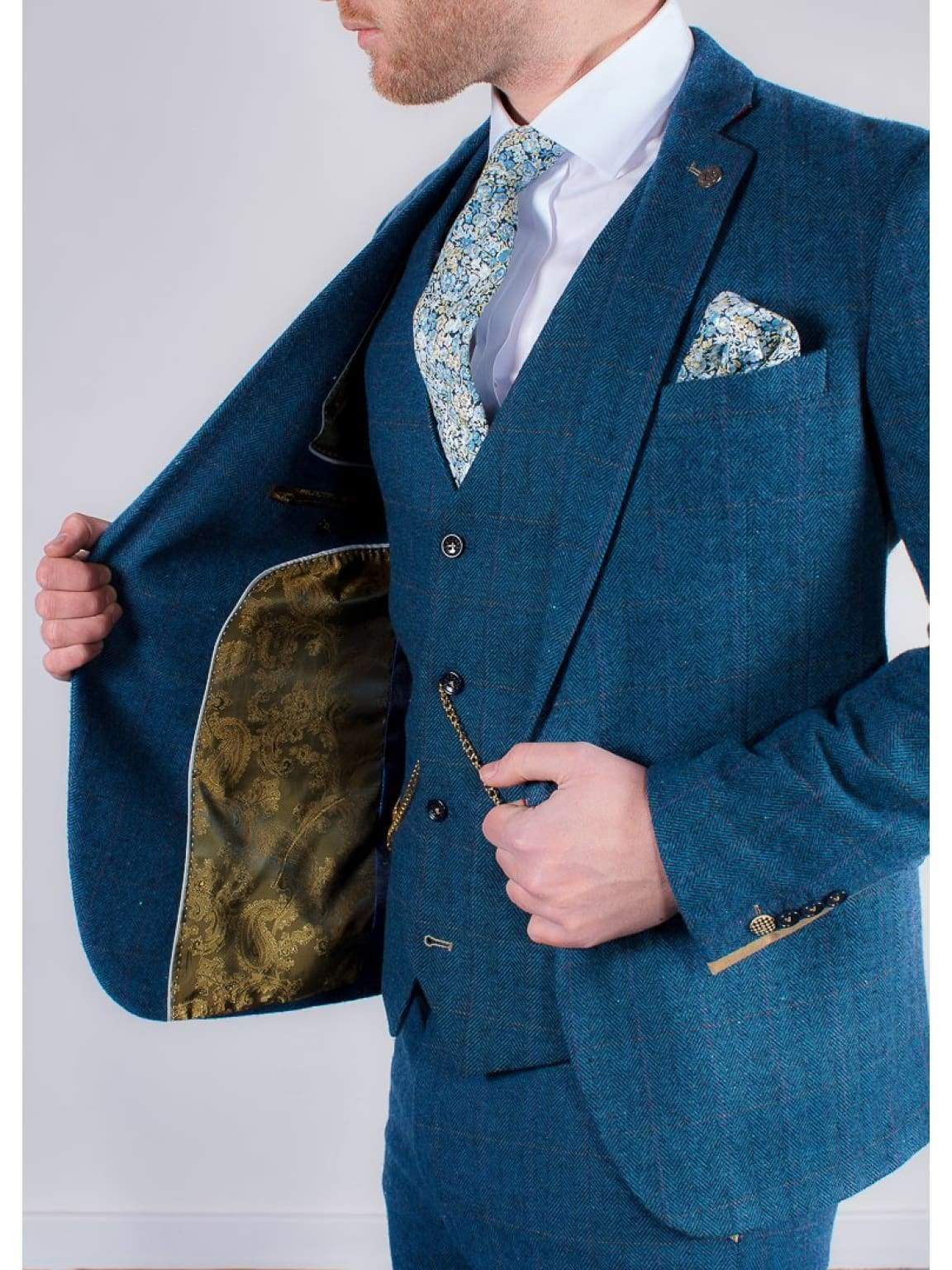 Marc Darcy Dion Teal Blue Tweed Slim Fit Wedding 3 Piece Suit for Groom, Best Man & Formal Events - Perfect for Weddings, Prom & Special Occasions