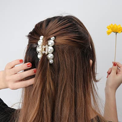 HOMEMATES 2 Pack Large Pearl Hair Claw Clips for Thick Long Hair - Strong Hold Jaw Clips Barrettes Hair Accessories for Women & Girls - Perfect for Updos, Ponytails & Everyday Styling
