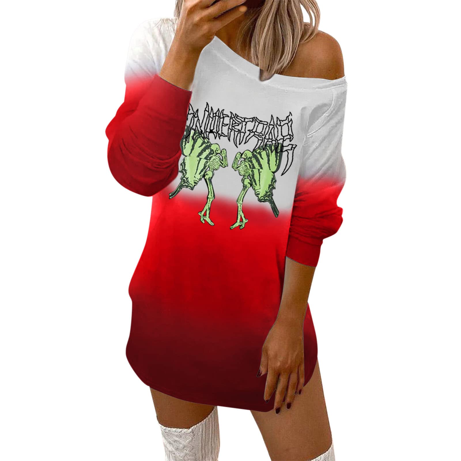 Women's Casual Summer Tops - Fashion Crew Neck Halloween Print Off Shoulder Long Sleeve Blouse for Daily Wear, Party & Halloween Costume