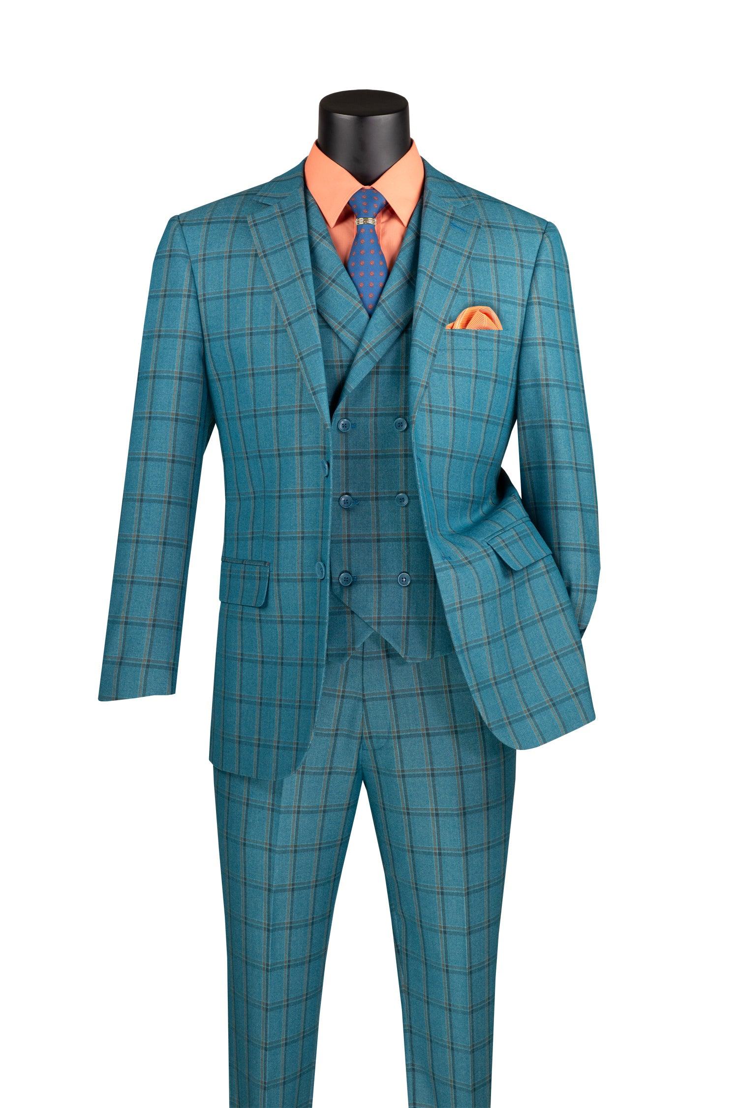 La Scale Collection Windowpane Three Piece Suit in Teal | Premium Men's Formal Wear for Weddings, Business Meetings & Special Occasions
