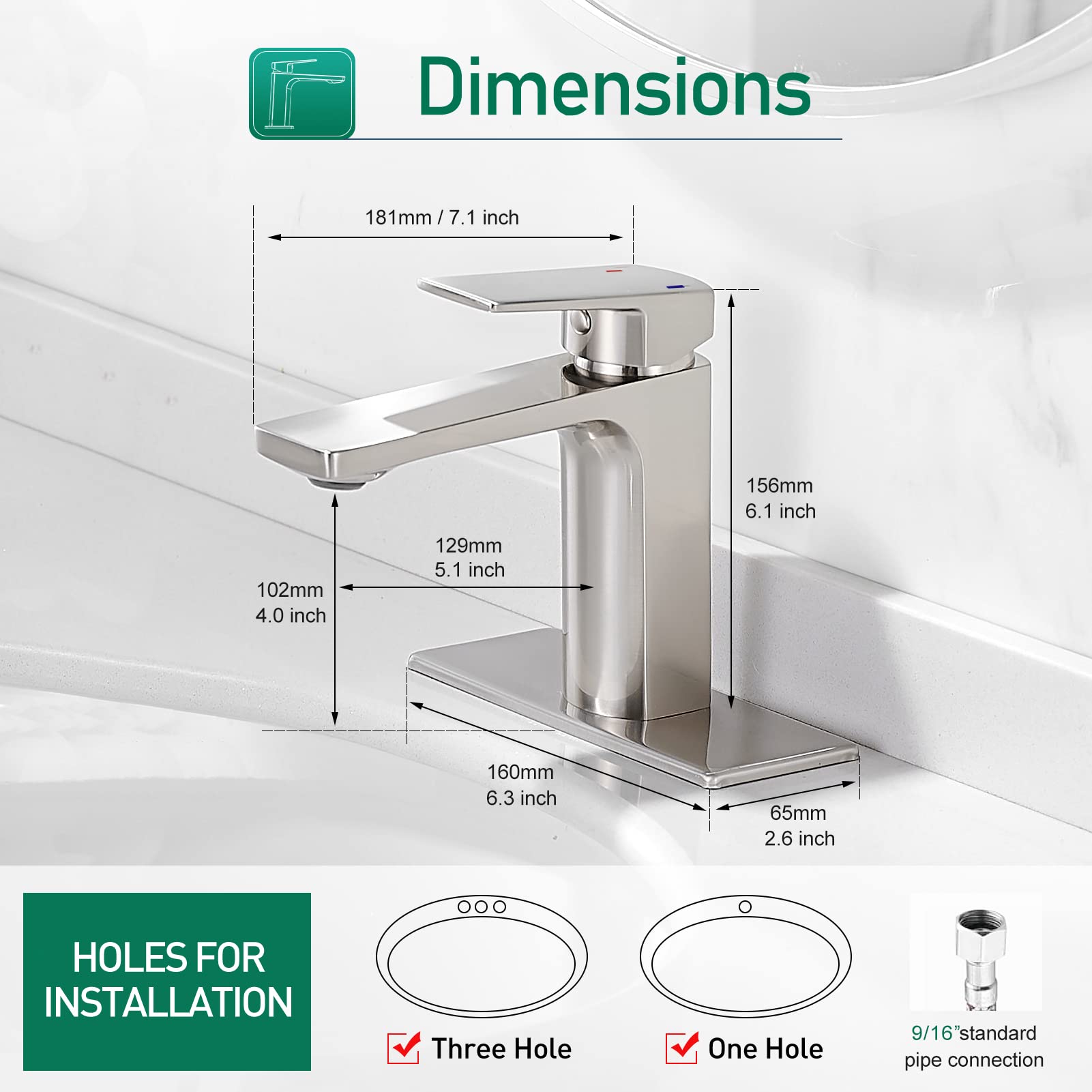 VOTON Brushed Nickel Single Handle Bathroom Faucet - 1 or 3 Hole Bathroom Sink Faucet with Deck Plate, 1.2 GPM Low Flow - Perfect for Home, RV & Small Space Bathrooms