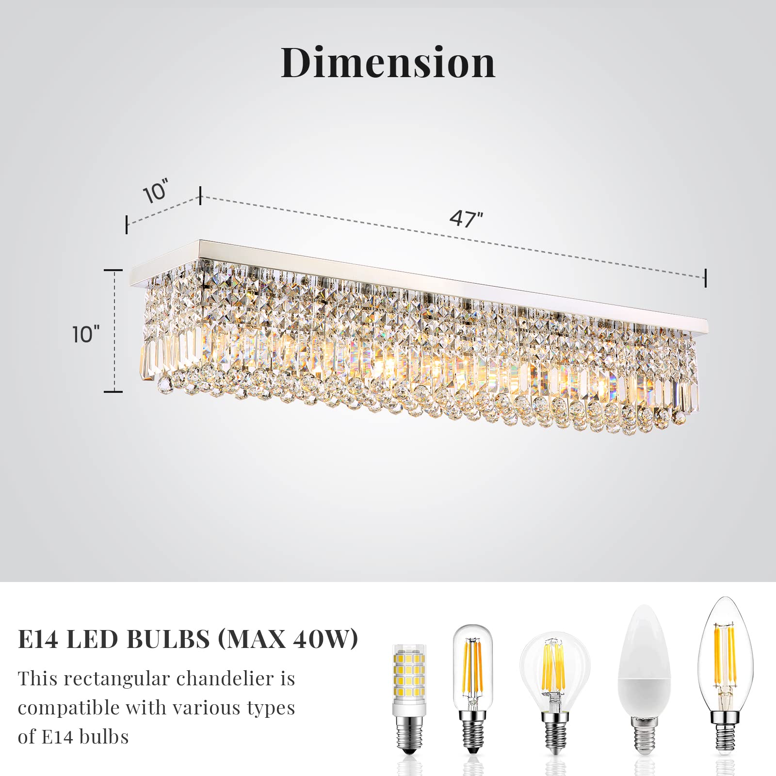 Siljoy Modern 10-Light Crystal Chandelier - Rectangular Flush Mount Ceiling Light Fixture with K9 Crystal Raindrops - 47