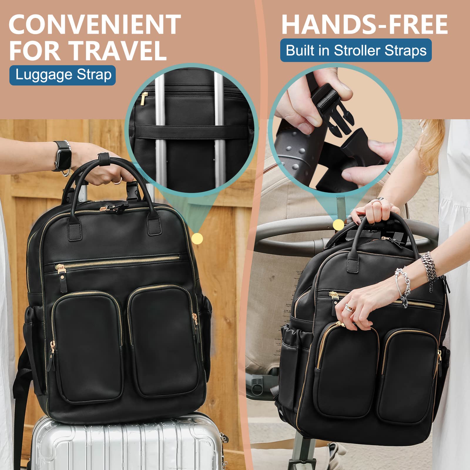 Premium Leather Diaper Backpack for Moms - 18 Pockets Baby Bag with Large Wet Pocket & 4 Insulated Pockets | Travel, Daily Use & Stroller Compatible | Black Waterproof Diaper Bag for Women, Girls & Boys