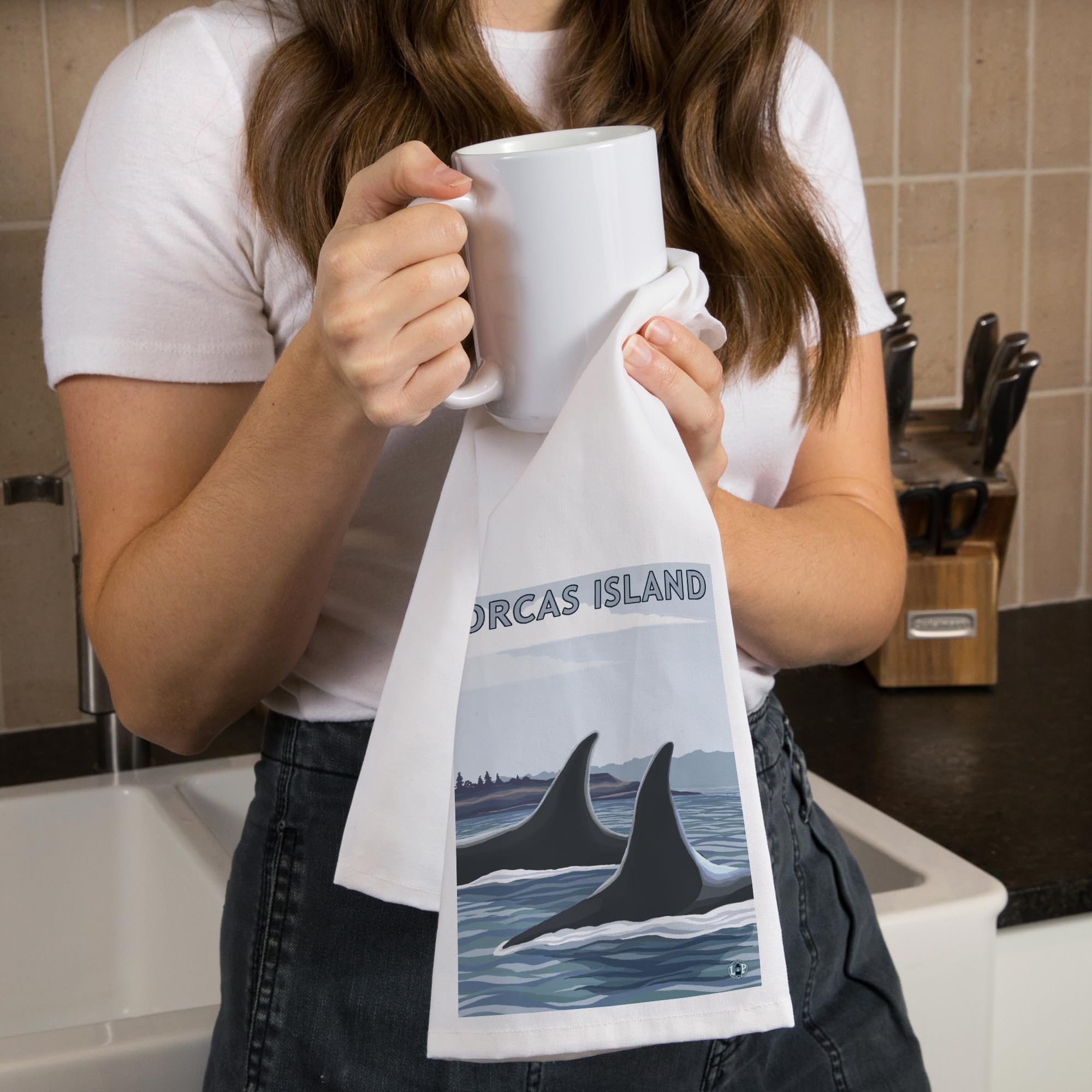 Lantern Press Orcas Island WA Orca Fins 100% Cotton Tea Towel - Decorative Hand Towel for Kitchen & Home Decor - Perfect for Dish Drying, Gift Giving & Coastal Themed Decor