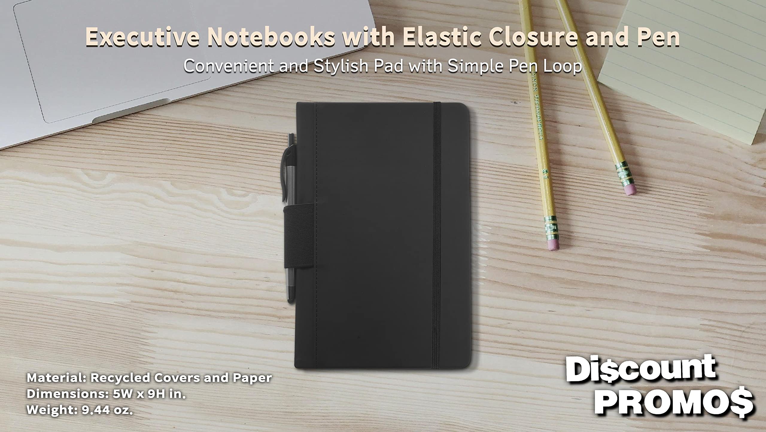 Premium 10-Pack Executive Notebooks with Pen - 6 x 8.5 Inches, Eco-Friendly Recycled Paper, Pen Loop & Closure Strap - Black - Perfect for Office, Business Meetings & Gift Giving