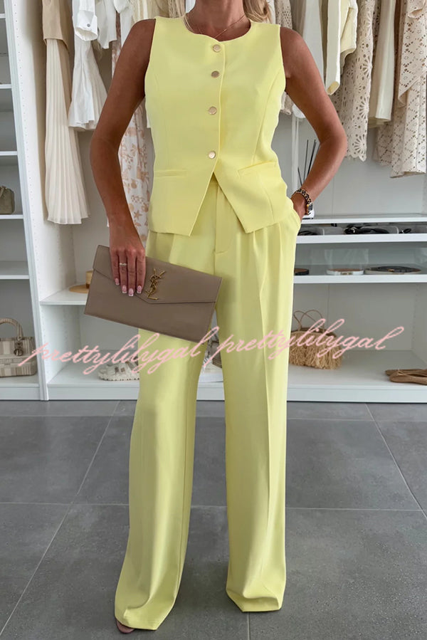 Stylish Women's Sleeveless Button Vest & Relaxed Pocket Wide Leg Pants Set - Office Workwear & Business Casual Outfit for Professional Women