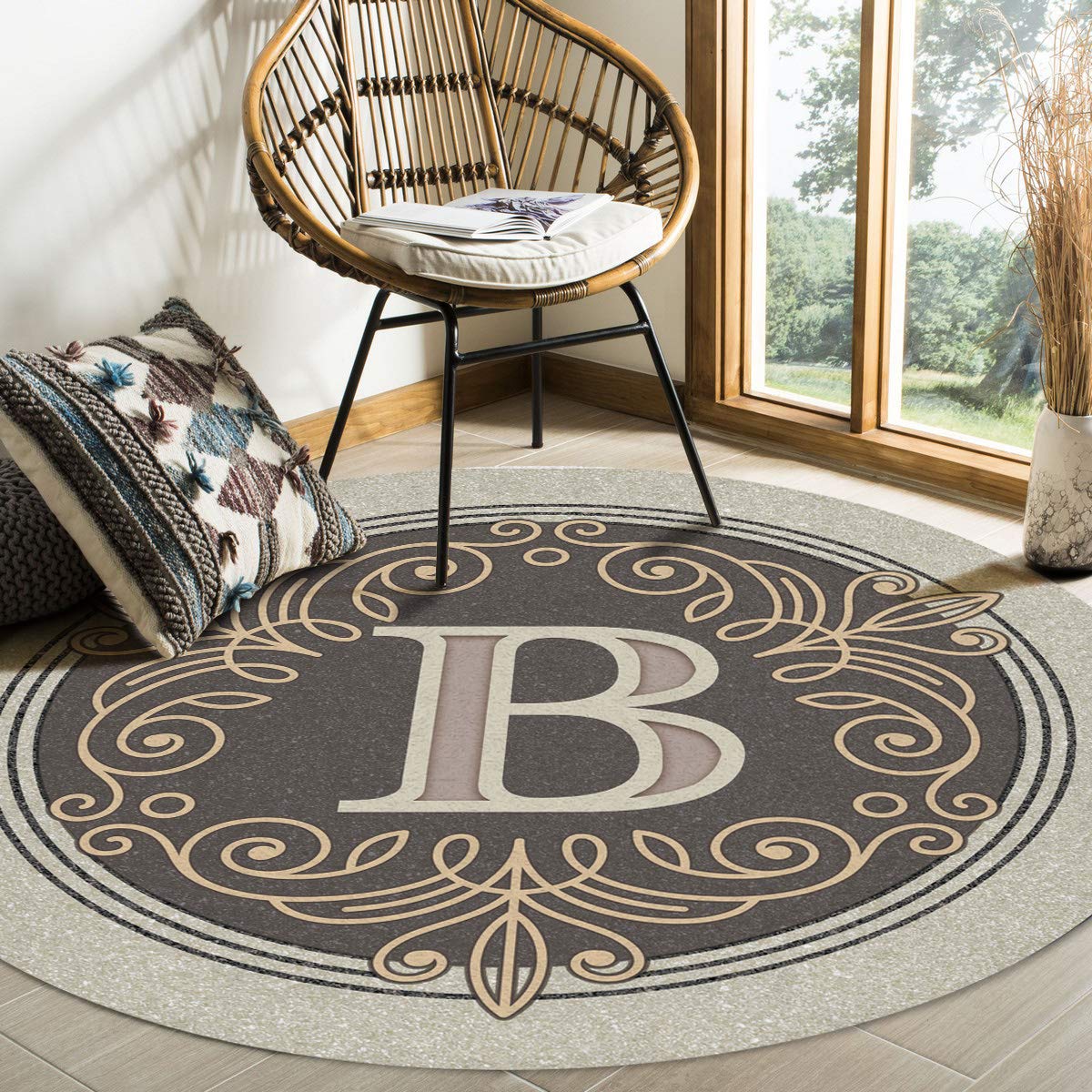 IDOWMAT 5ft Round Monogram Letter B Non-Slip Area Rug - Stain-Resistant Microfiber Indoor Carpet for Bedroom, Living Room & Laundry Room - Soft Floor Mat Perfect for Nursery, Dorm Decor or Cozy Home Accent