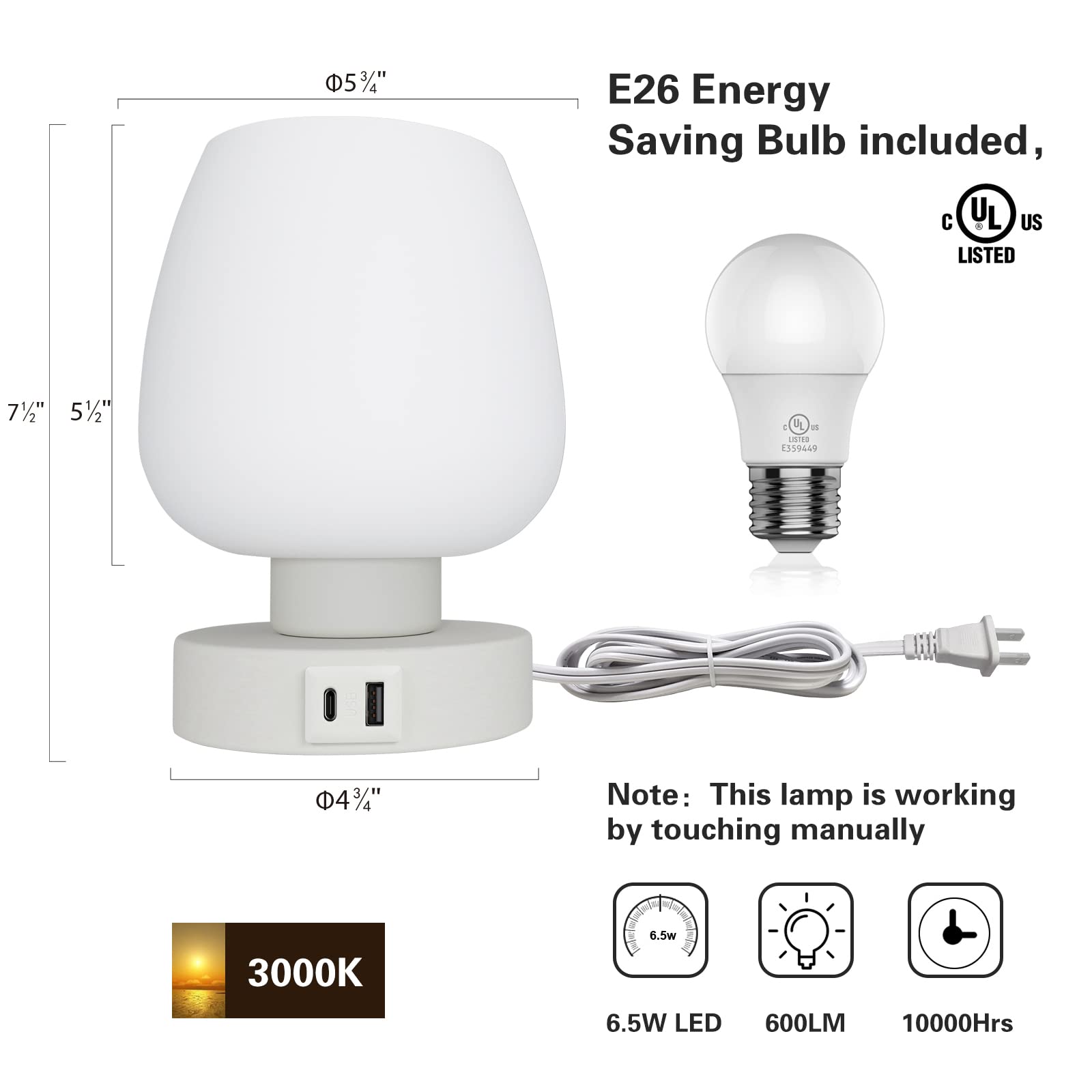 Modern Touch Bedside Table Lamp - 3-Way Dimmable USB-C & USB-A Charging Nightstand Lamp with Warm White LED Bulb & Opal Glass Shade, Perfect for Bedroom, Office, or Nursery - Simple Elegant Gift Idea