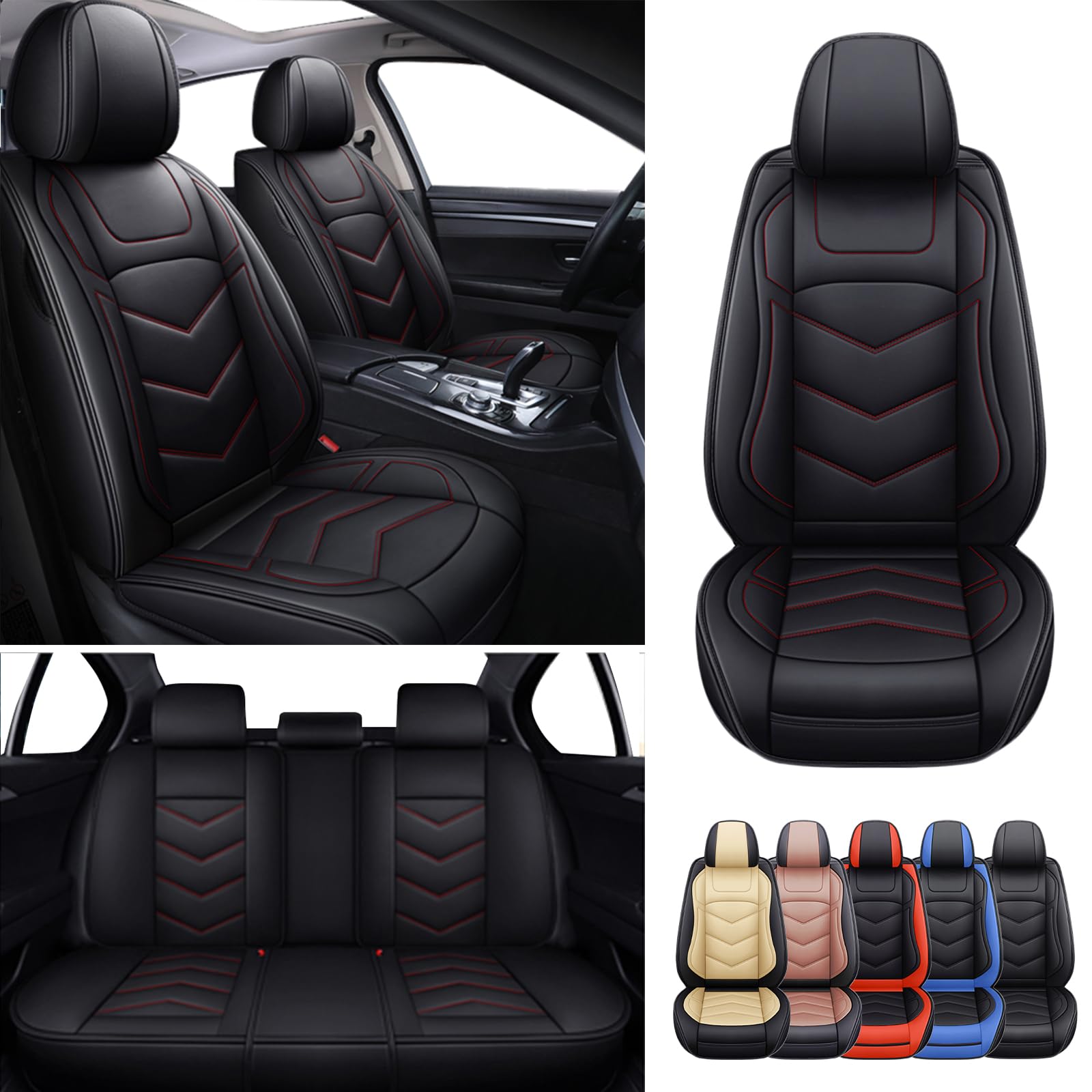 Universal 5-Seat Car Seat Covers - Waterproof Faux Leather Full Set (Front & Rear) for Hyundai Elantra, Subaru Impreza, Chevy Equinox & Toyota - Black & Red - Perfect for Daily Commute, Road Trips & Pet Protection