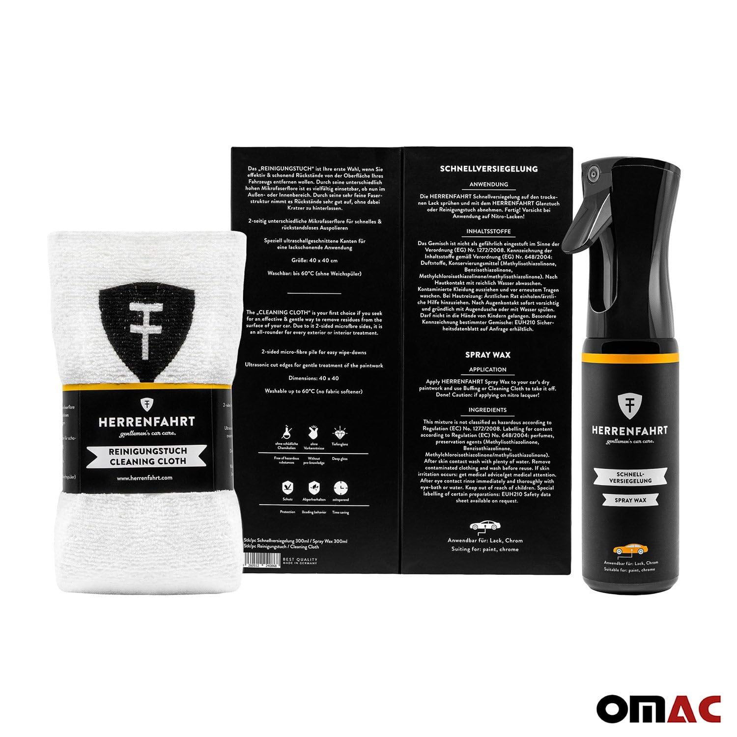 OMAC Quick Detailing & Wax Finish Spray with Microfiber Cloth Kit - Premium Car Cleaning & Polishing Set for Shine Protection - Perfect for Auto Detailing, Car Wash, Waxing & Interior Care