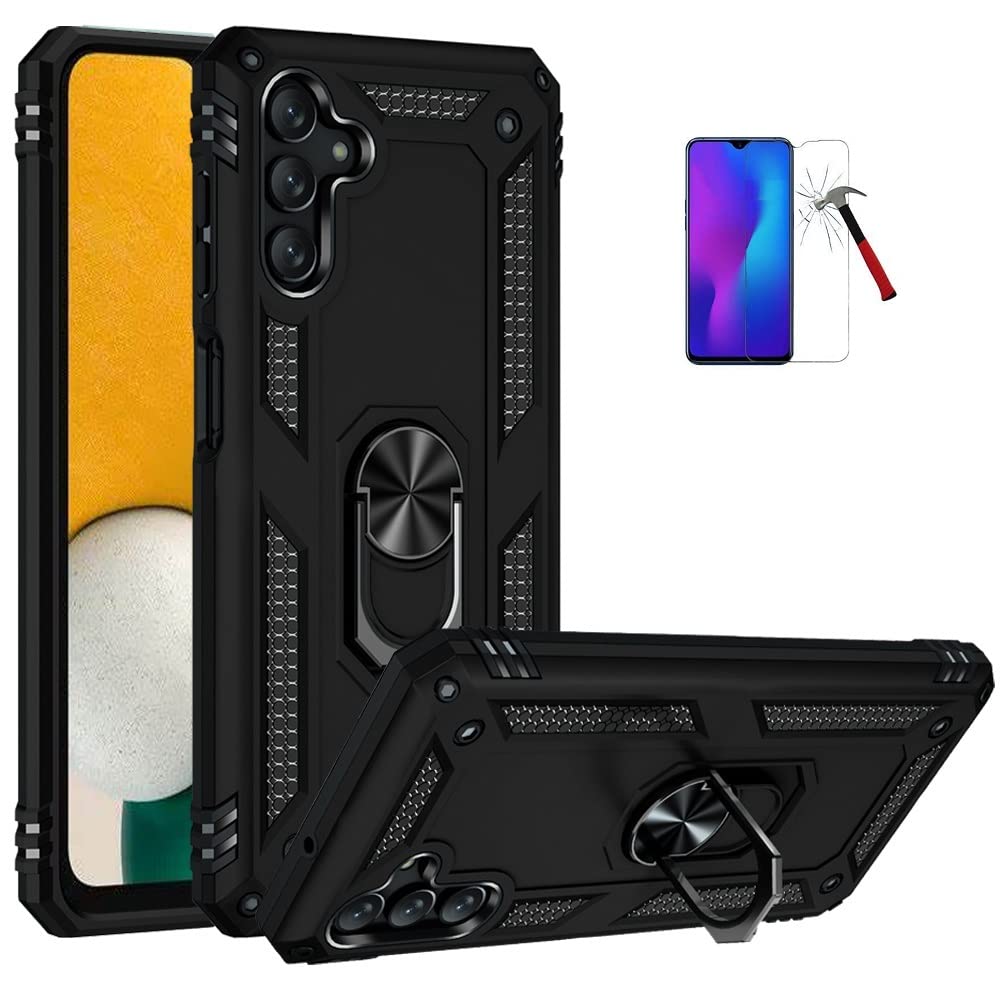 **Samsung Galaxy A13 5G Phone Case with Magnetic Ring Kickstand & Tempered Glass - Shockproof Hybrid Protective Cover (Black) - Perfect for Work, Travel, and Everyday Use**