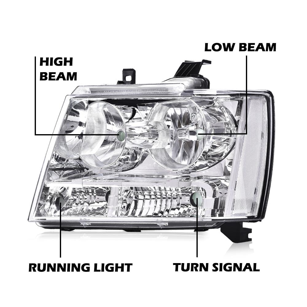 G-PLUS Headlight Assembly Replacement for 2007-2014 Chevy Suburban / 2007-2013 Tahoe Avalanche - Clear Lens Chrome Housing Headlamp with Clear Reflector - Perfect for Night Driving & Off-Road Adventures