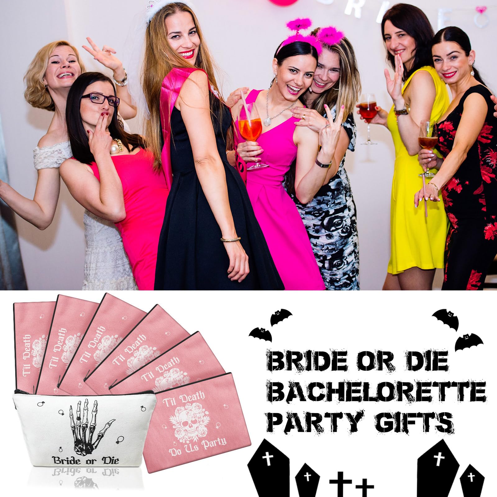 Silkfly 7-Piece Gothic Bride or Die Bachelorette Party Makeup Bag Set - Halloween Cosmetic Bags for Bridal Shower & Wedding Accessories - Perfect for Bachelorette Parties, Gothic Weddings & Halloween Events