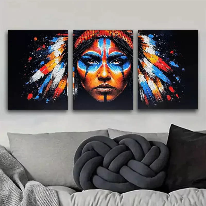 3-Piece Native American Feather Headdress Wall Art Set - Framed Canvas Prints 50x70cm - High Quality Australian Made Wall Decor - Perfect for Living Room, Bedroom & Office Decor