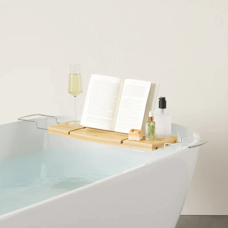 Aquala Bathtub Caddy Tray - Bamboo Bathtub Tray with Wine Glass Holder & Book Stand - Perfect for Relaxing Bath Time with Book, Wine, and Spa Essentials