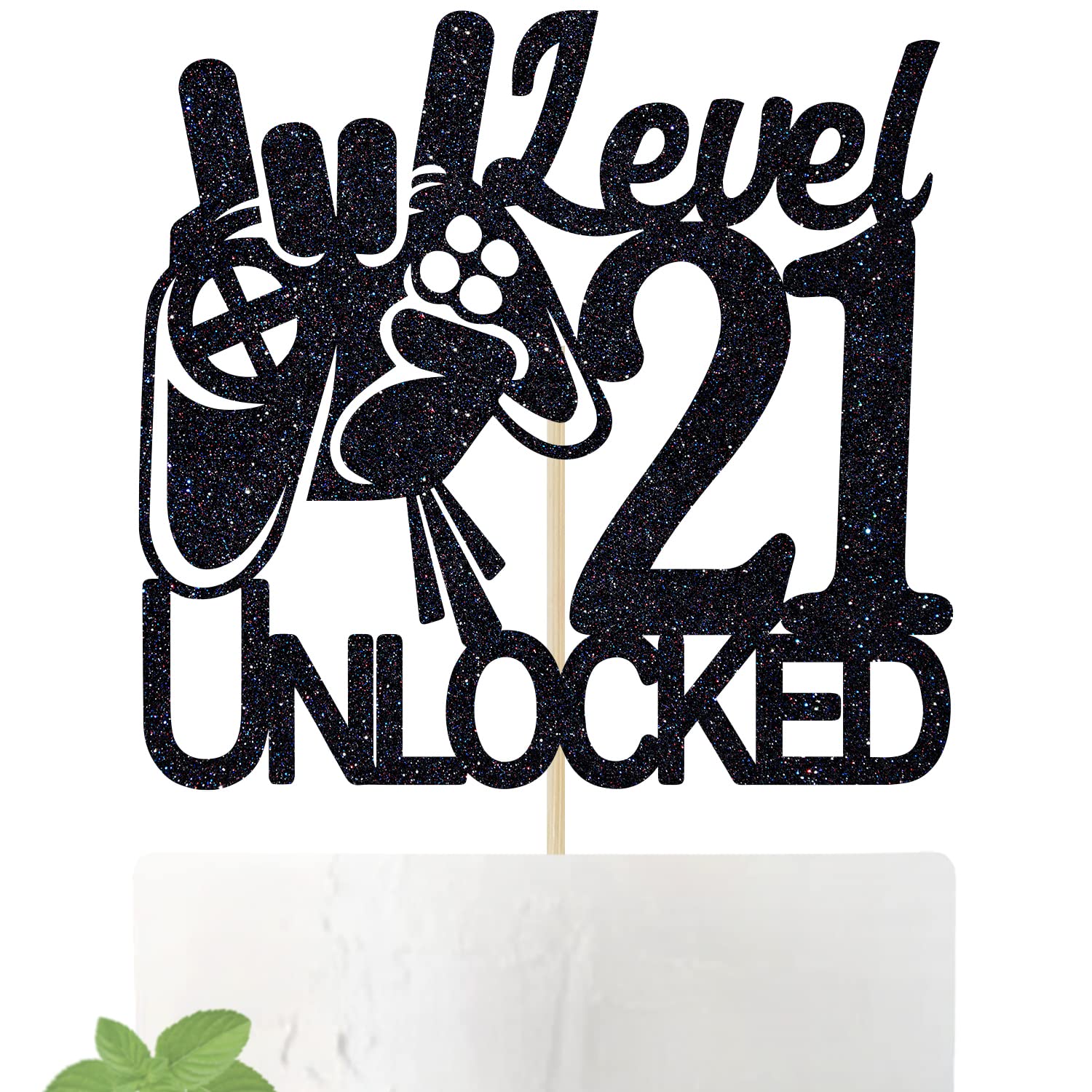 Black Glitter Video Game Level 21 Unlocked Cake Topper - Boys 21st Birthday Party Decorations - Level Up Winner Gaming Theme Cake Decor for Birthday Celebrations & Gaming Parties