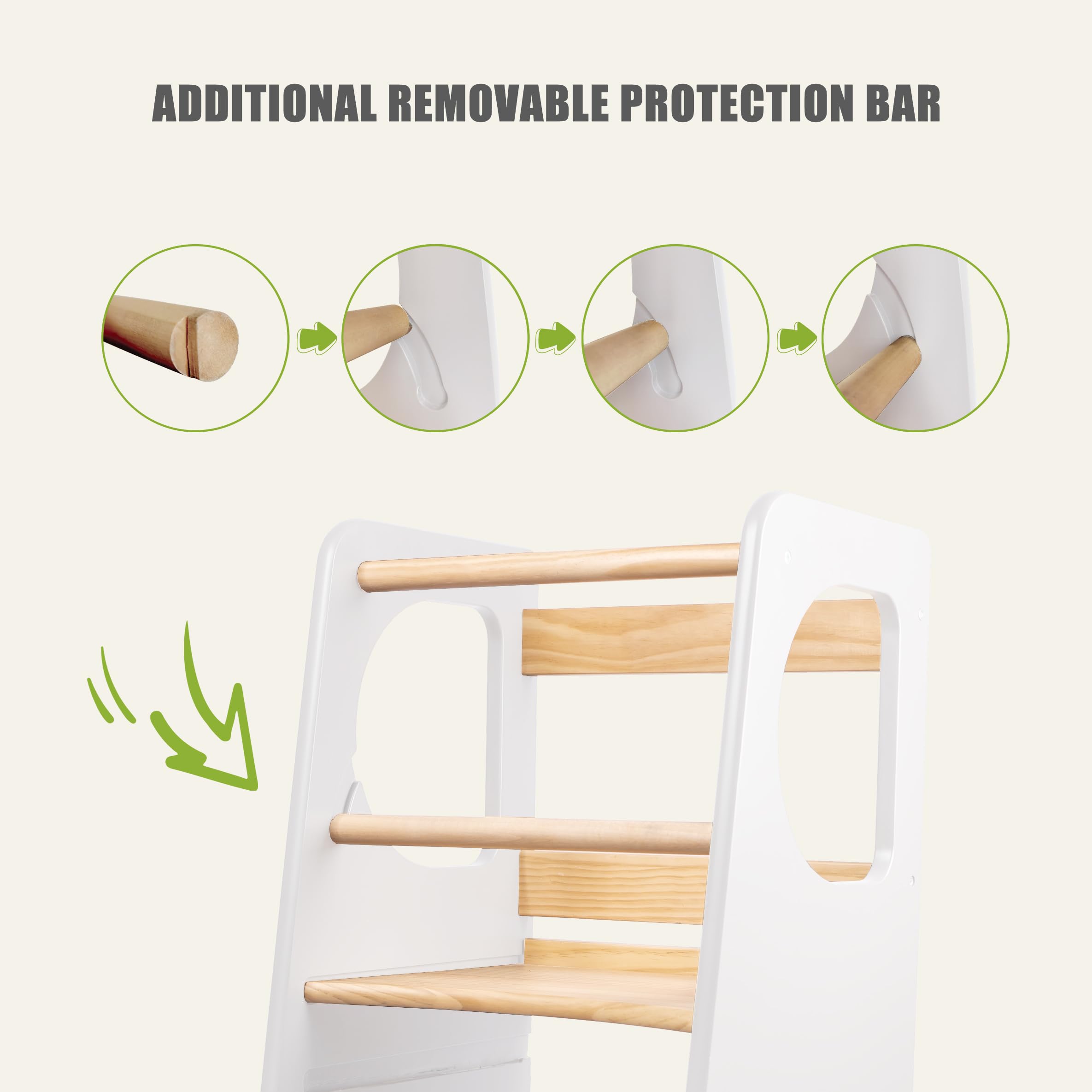 Premium Adjustable Height Wooden Step Stool for Kids with Handle & Safety Rail - Toddler Learning Stool for Kitchen, Bathroom, Bedroom - Safe Step-Up Helper for Washing Hands, Reaching Sink & Independent Play