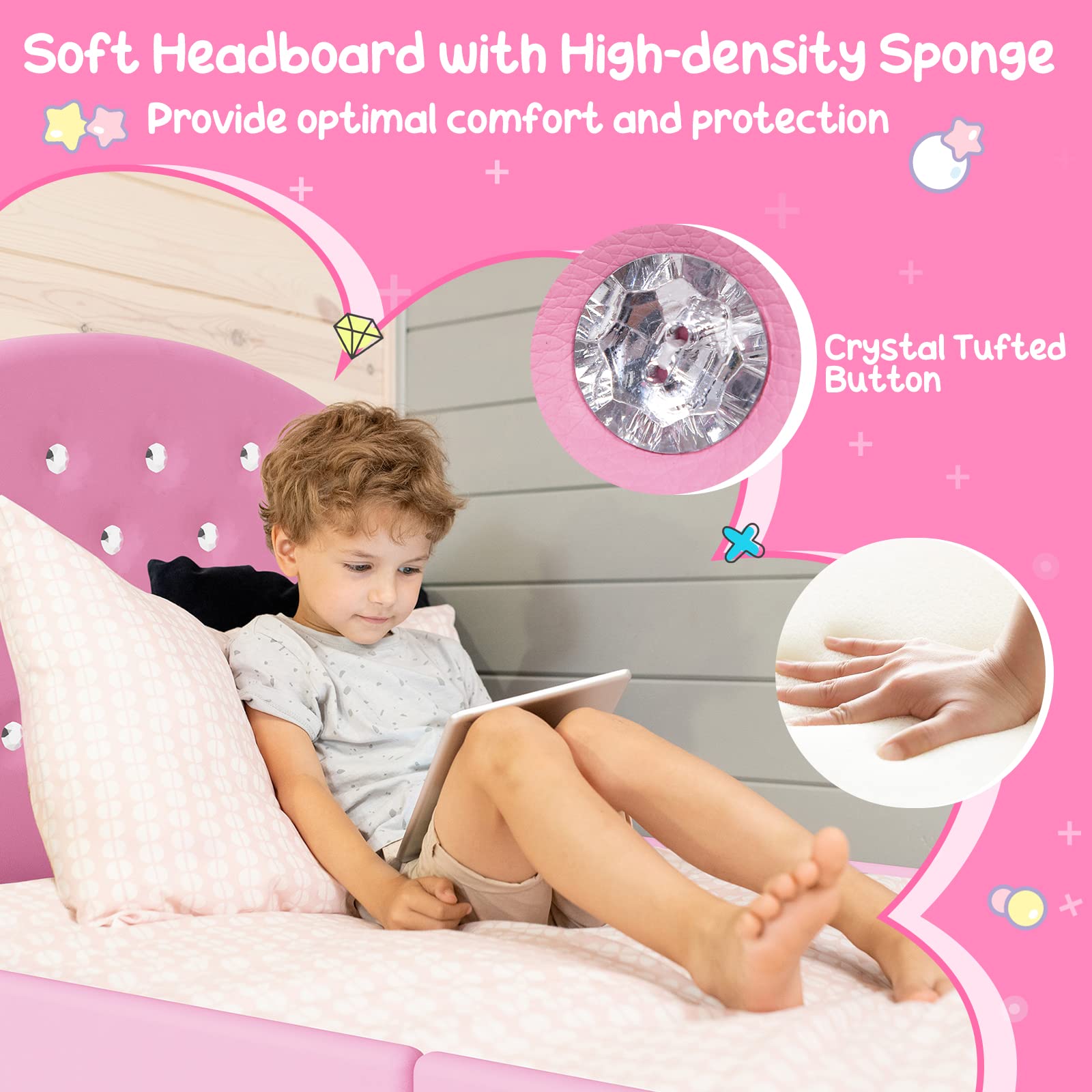 HONEY JOY Twin Bed Frame for Kids - Sturdy Wooden Platform Bed with Headboard & Slat Support, No Box Spring Required | Perfect for Boys & Girls Bedrooms | Fits Standard Twin Mattress (Pink) | Ideal for Toddler Rooms, Sleepovers & Kids' Bedroom Decor