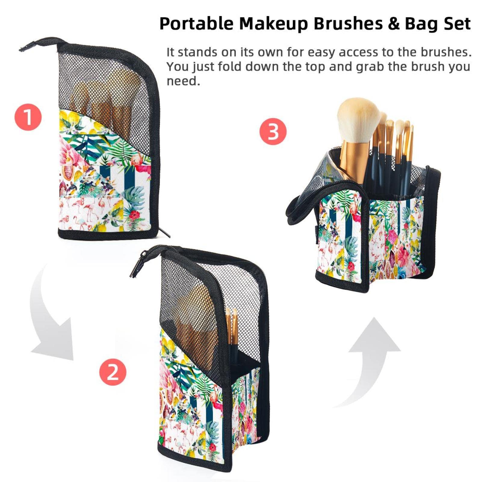12-Piece Makeup Brush Organizer Bag with Colorful Tropical Flamingo Flower Design - Portable Waterproof Cosmetic Brush Holder Case for Travel, Home & Professional Makeup Artists