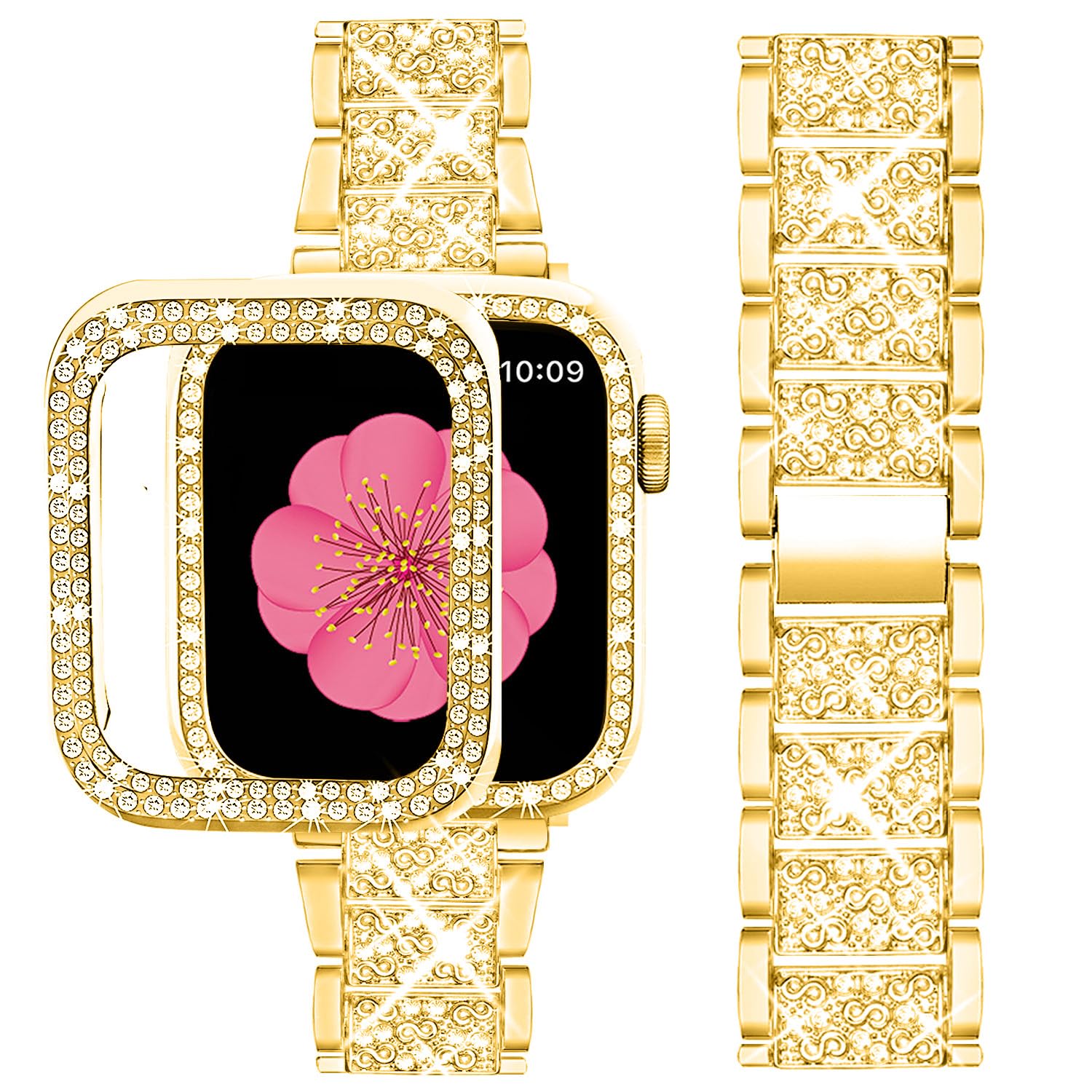 SUPOIX Luxury Bling Diamond Metal Band & 2 Pack Protective Case for Apple Watch Series 9/8/7/6/SE 41mm - Gold, Stylish Women's Jewelry Accessory for Workout, Party & Everyday Wear