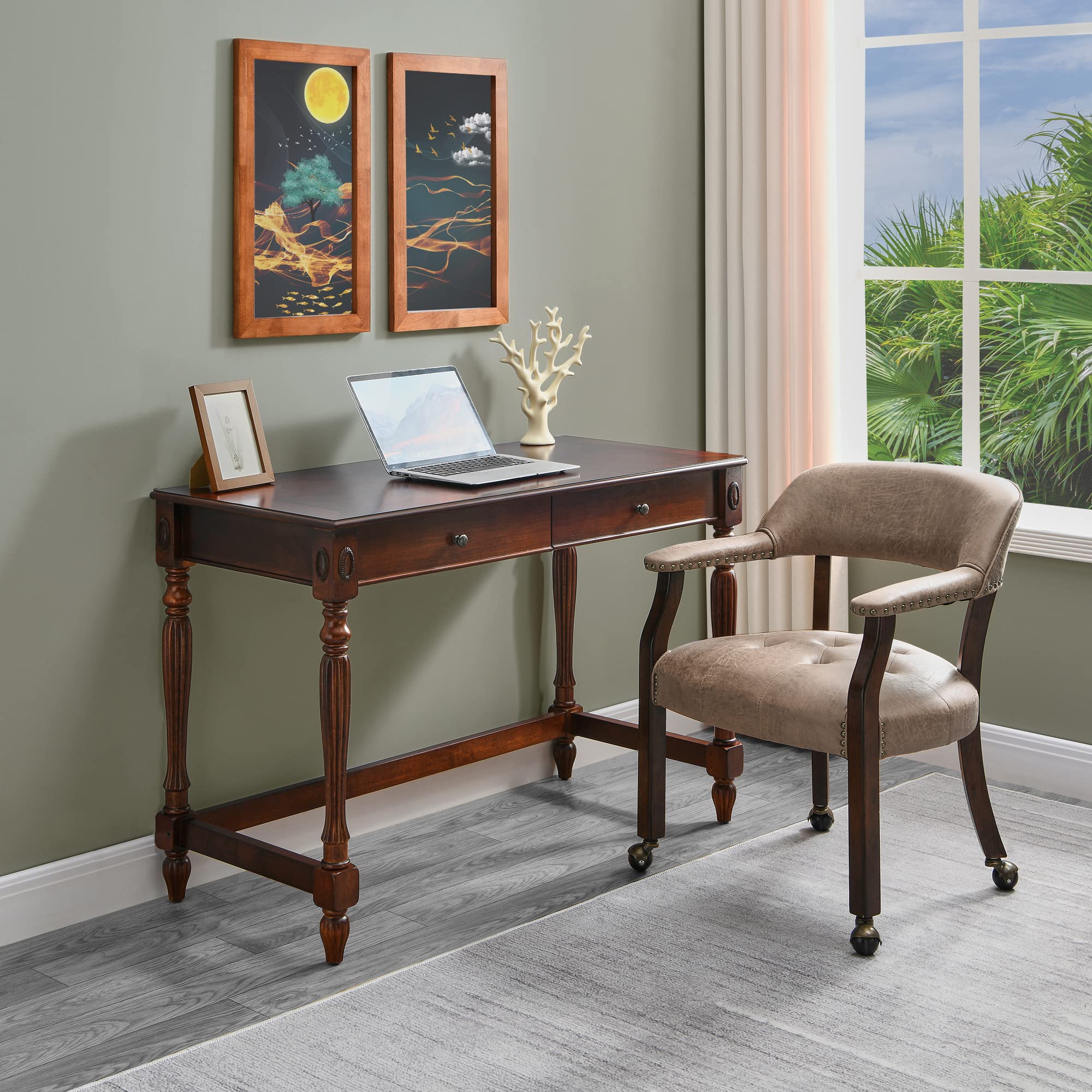 Premium Solid Wood Executive Office Chair with Wheels & Arms - Classic Swivel Upholstered Leather Desk Chair 31.5
