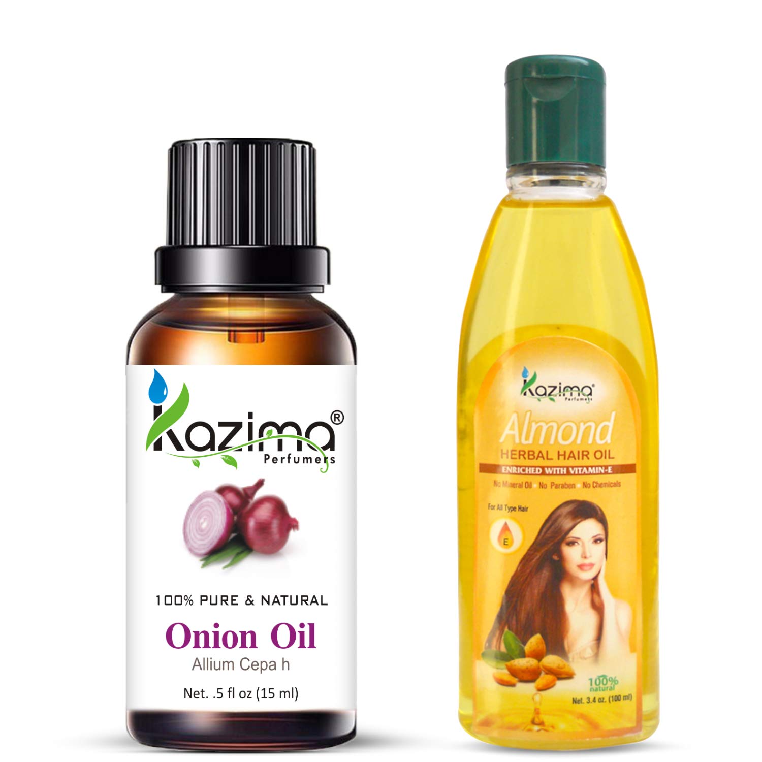 KAZIMA Onion Oil 15ML & Almond Herbal Hair Oil 100ML Combo - Reduce Hair Fall, Prevent Hair Loss & Promote Hair Growth - Perfect for Daily Hair Care & Scalp Treatment