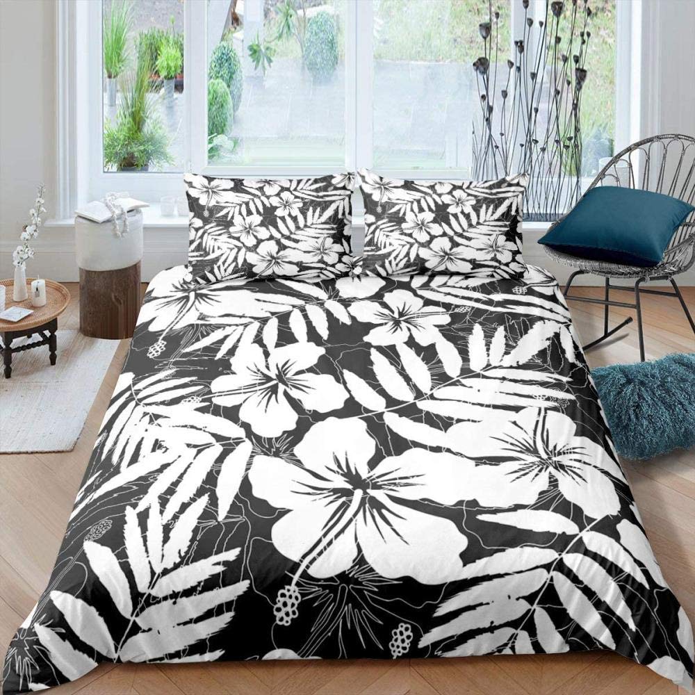 Vintage Floral Botanical Print Queen/King Size Bedding Set - Black & White Retro Duvet Cover with Branches Leaves Design, 3-Piece Comforter Set (1 Duvet Cover + 2 Pillowcases) for Kids & Adults - Perfect for Bohemian Bedroom Decor & Cozy Home Textile Upgrade