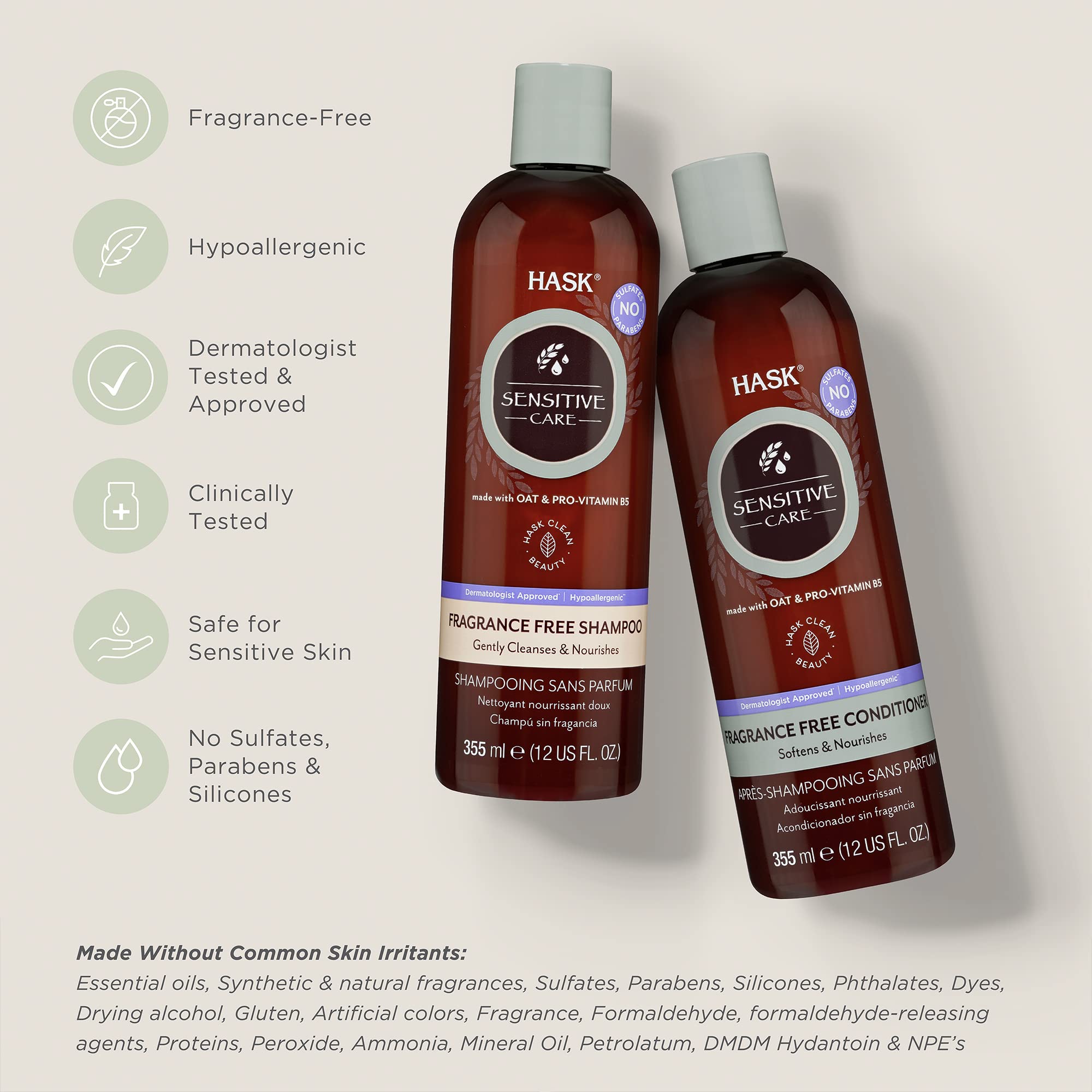 HASK SENSITIVE CARE Shampoo & Conditioner Set - Fragrance Free, Paraben Free, Vegan, Color Safe, Gluten Free, Sulfate Free, Cruelty Free Hair Care for Sensitive Scalp - Perfect for Daily Use & Color-Treated Hair