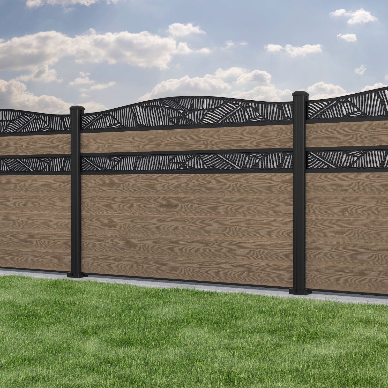 Classic Feather Curved Top Split Screen Fence Panel in Teak Wood with Aluminum Posts - Perfect for Garden Privacy, Patio Dividers & Backyard Decoration