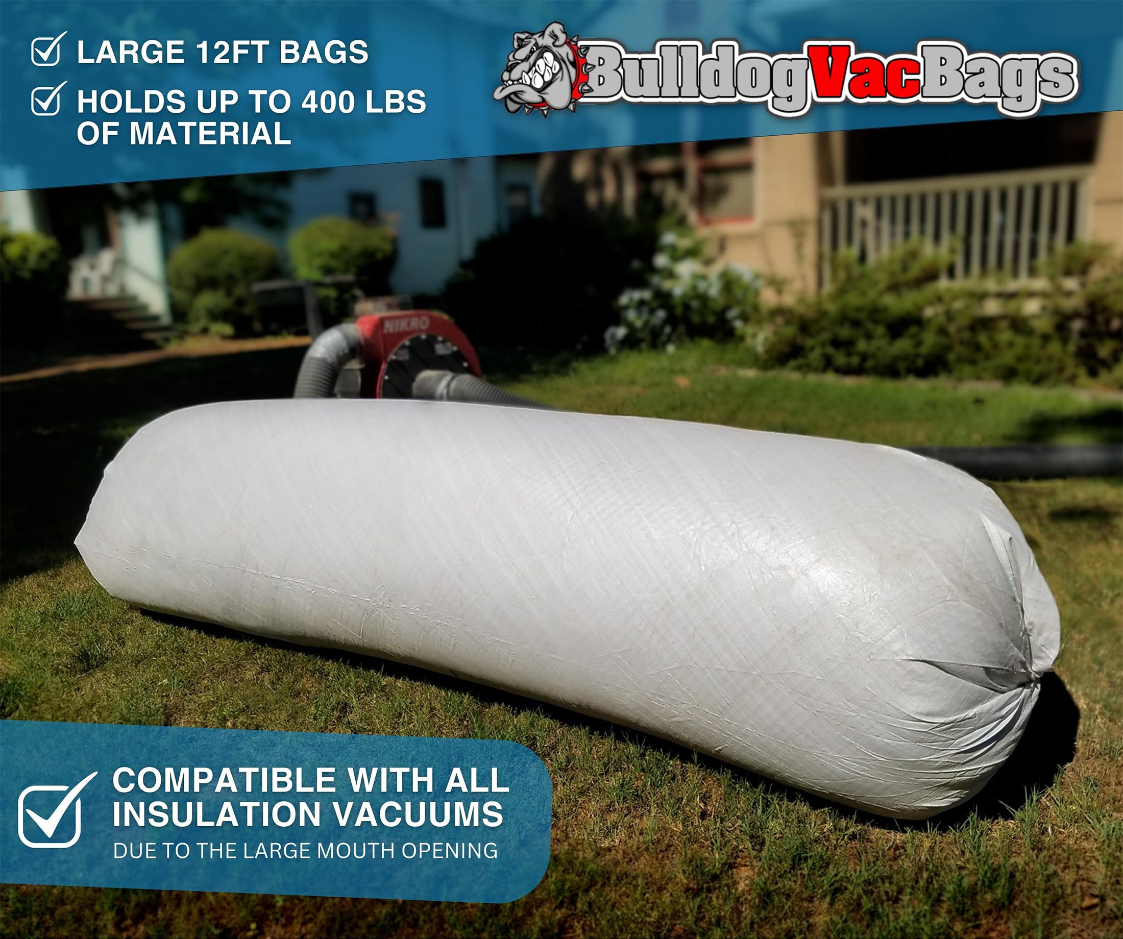 10 Heavy-Duty Insulation Removal Vacuum Bags - Bulldogvacbags (105 Cubic Ft Capacity, 400 lbs Weight Limit) for Attic Cleaning, Construction Debris Removal & Home Renovation Projects