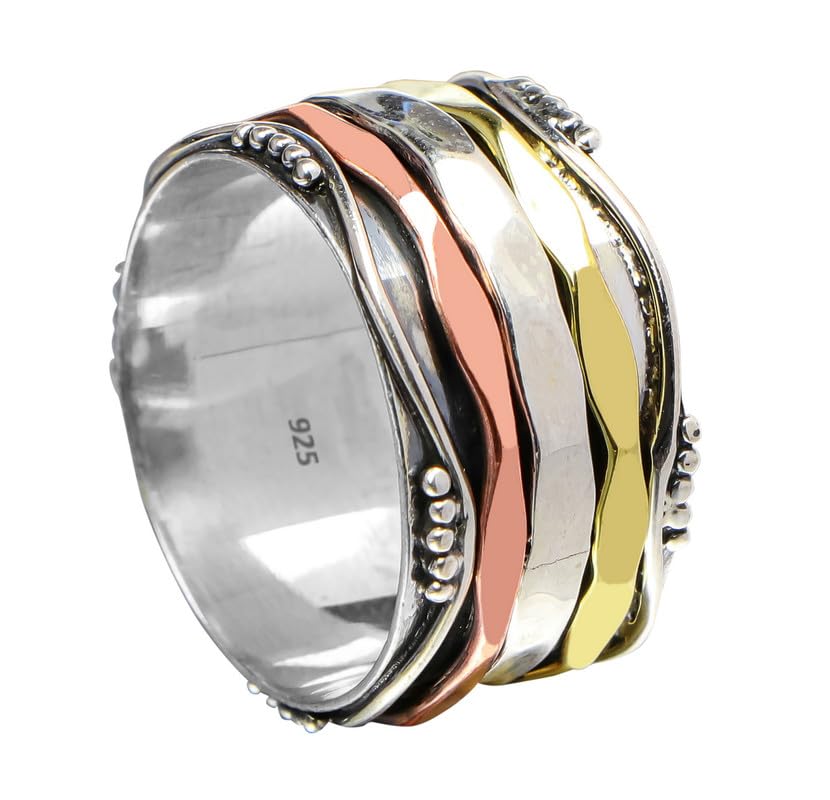 925 Sterling Silver Spinner Ring for Women - Handmade Three-Tone Worry Ring, Fidget Ring & Meditation Jewelry | US Size 9 Yoga Spinner Ring, Thumb Ring & Promise Ring | Perfect Gift for Her, Stress Relief & Anxiety Relief Jewelry