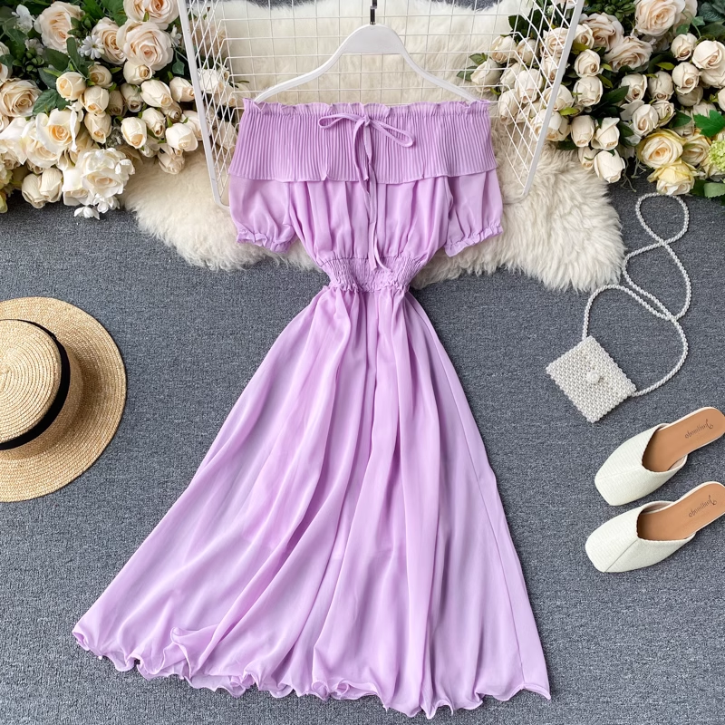 Stylish Women's Summer Pleated Chiffon Skirt with Ruffled Off-Shoulder Design - Perfect for Beach Vacations, Date Nights & Casual Outings