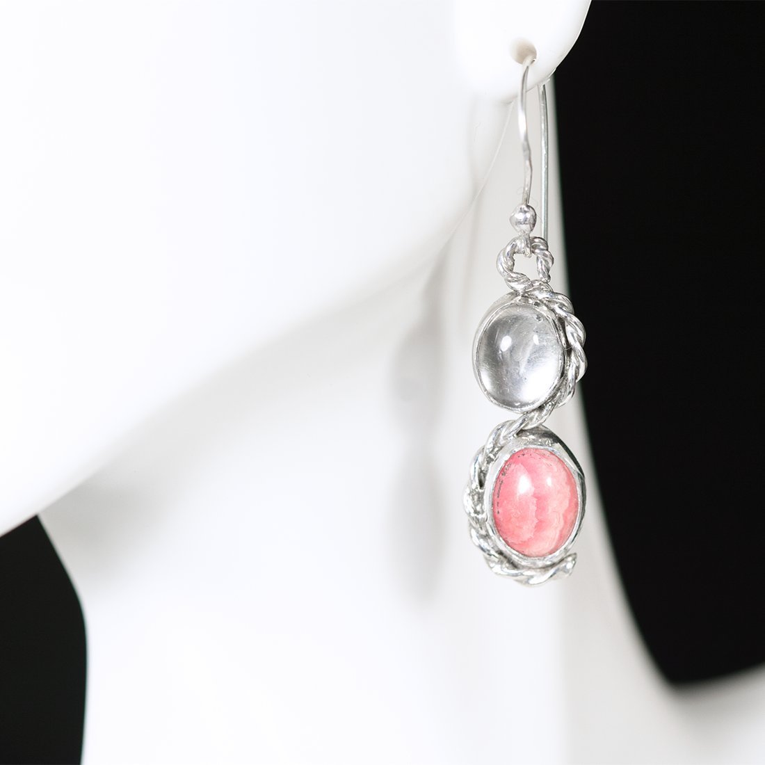 Rhodochrosite and Moonstone Sterling Silver Earrings – Elegant Dangle Jewelry for Women, Perfect for Weddings, Parties & Everyday Wear