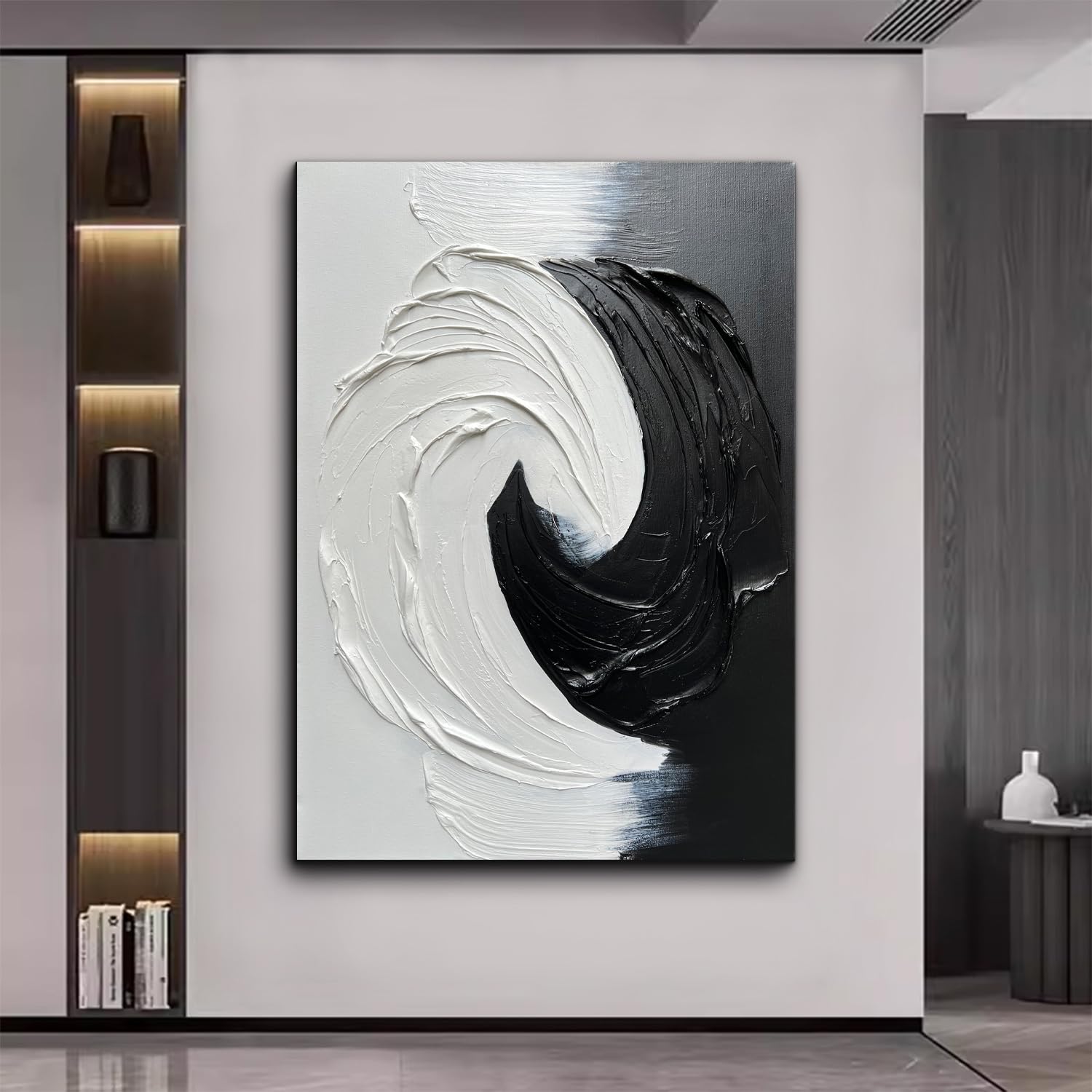 Creespi Black and White Abstract Oil Painting 28x40 Inch - Hand Painted Textured Canvas Art, Modern Minimalist Wall Decor for Living Room, Bedroom & Office