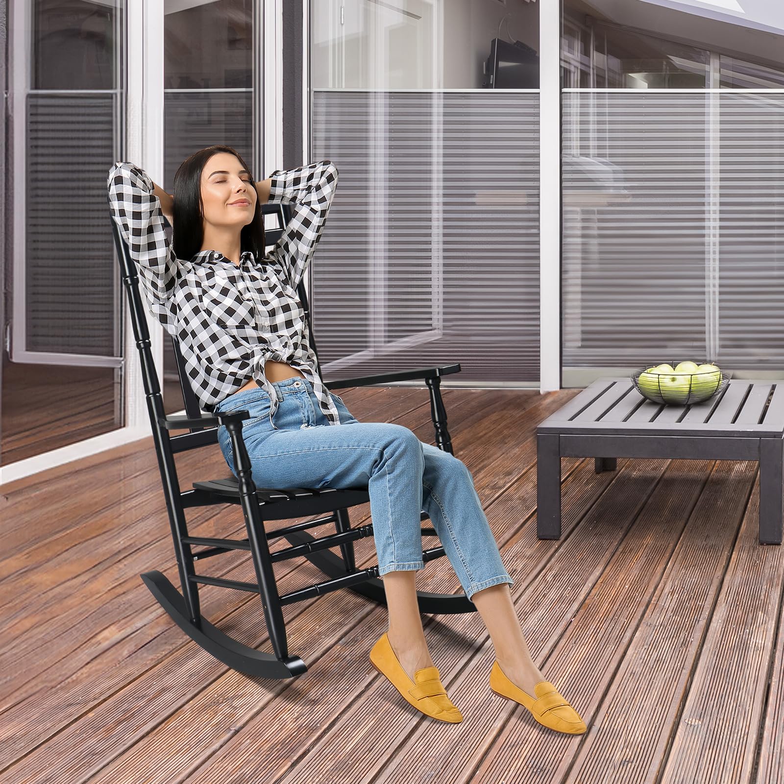 VINGLI Solid Wood Rocking Chair for Outdoor & Indoor Use - 450 lbs Weight Capacity, High Back Reclining Seat, Relaxing Rocker for Deck, Garden, Backyard, Porch - Perfect for Lounging, Reading & Relaxation (Black)