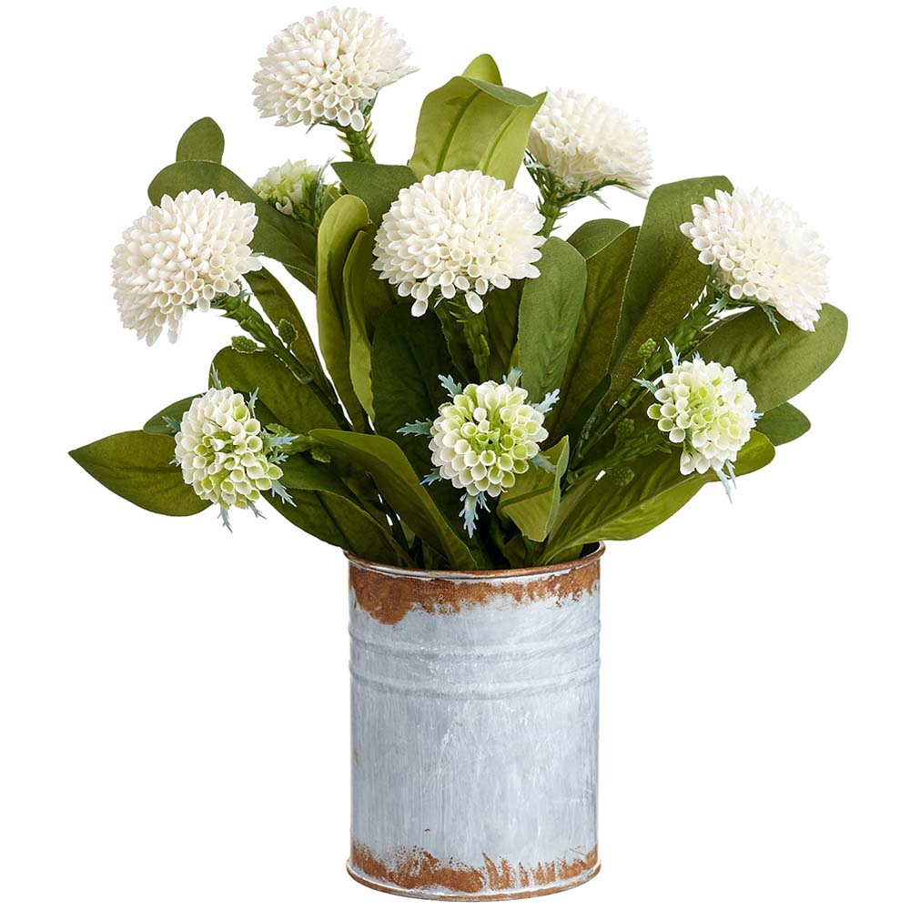 13 Dahlia Silk Flower Arrangement with Tin Planter - White (Pack of 2) | Artificial Floral Centerpiece for Home Decor, Wedding, Office Desk & Tabletop Decoration